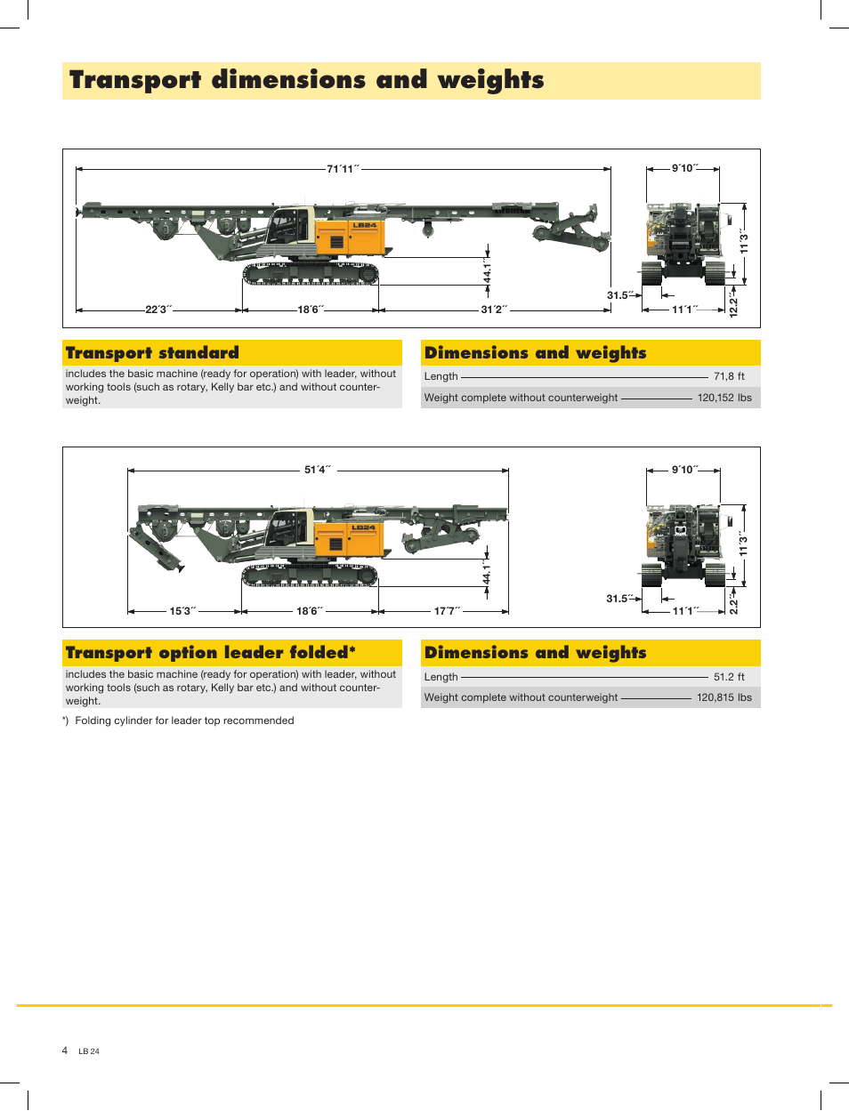 Transport dimensions and weights, Transport standard, Dimensions and weights | Transport option leader folded | Liebherr LB 24 User Manual | Page 4 / 12