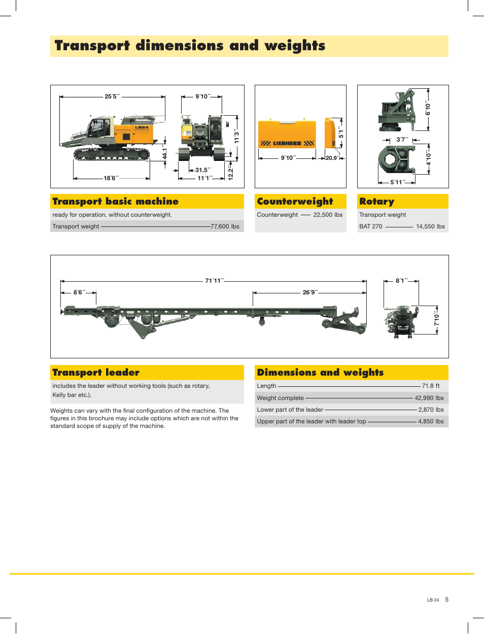 Transport dimensions and weights, Transport basic machine, Counterweight | Rotary, Dimensions and weights, Transport leader | Liebherr LB 24 User Manual | Page 5 / 12
