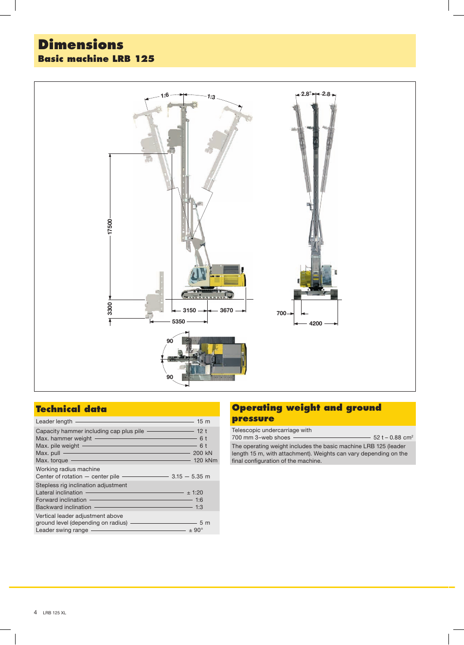 Dimensions, Basic machine lrb 125, Technical data | Operating weight and ground pressure | Liebherr LRB 125 XL User Manual | Page 4 / 12