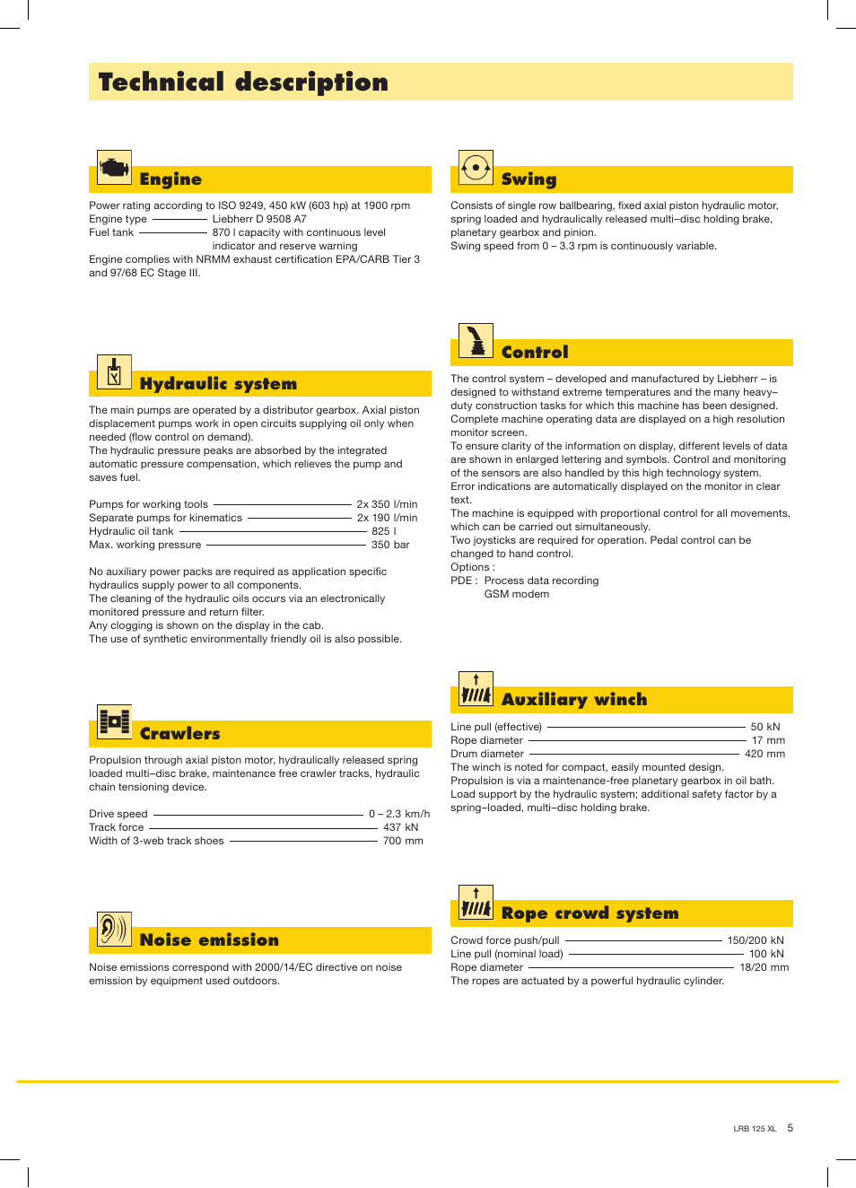 Technical description, Engine, Hydraulic system | Swing, Auxiliary winch, Crawlers, Control, Noise emission, Rope crowd system | Liebherr LRB 125 XL User Manual | Page 5 / 12