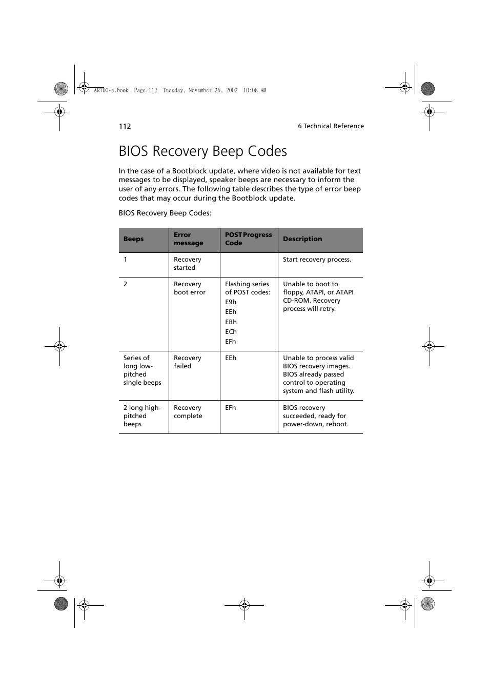 Bios recovery beep codes | Acer Altos R700 Series User Manual | Page 122 / 135