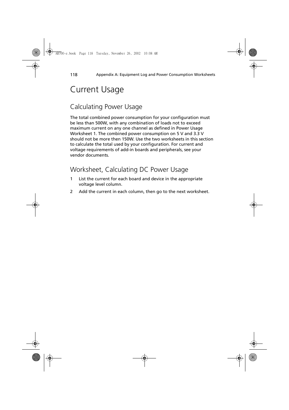 Current usage, Calculating power usage, Worksheet, calculating dc power usage | Acer Altos R700 Series User Manual | Page 128 / 135