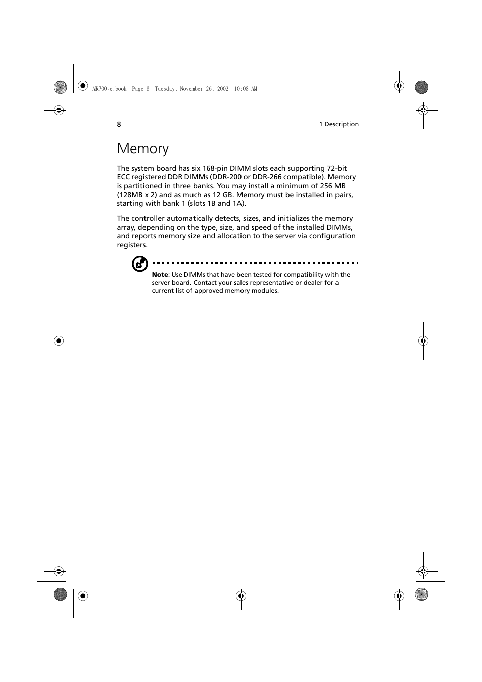 Memory | Acer Altos R700 Series User Manual | Page 18 / 135