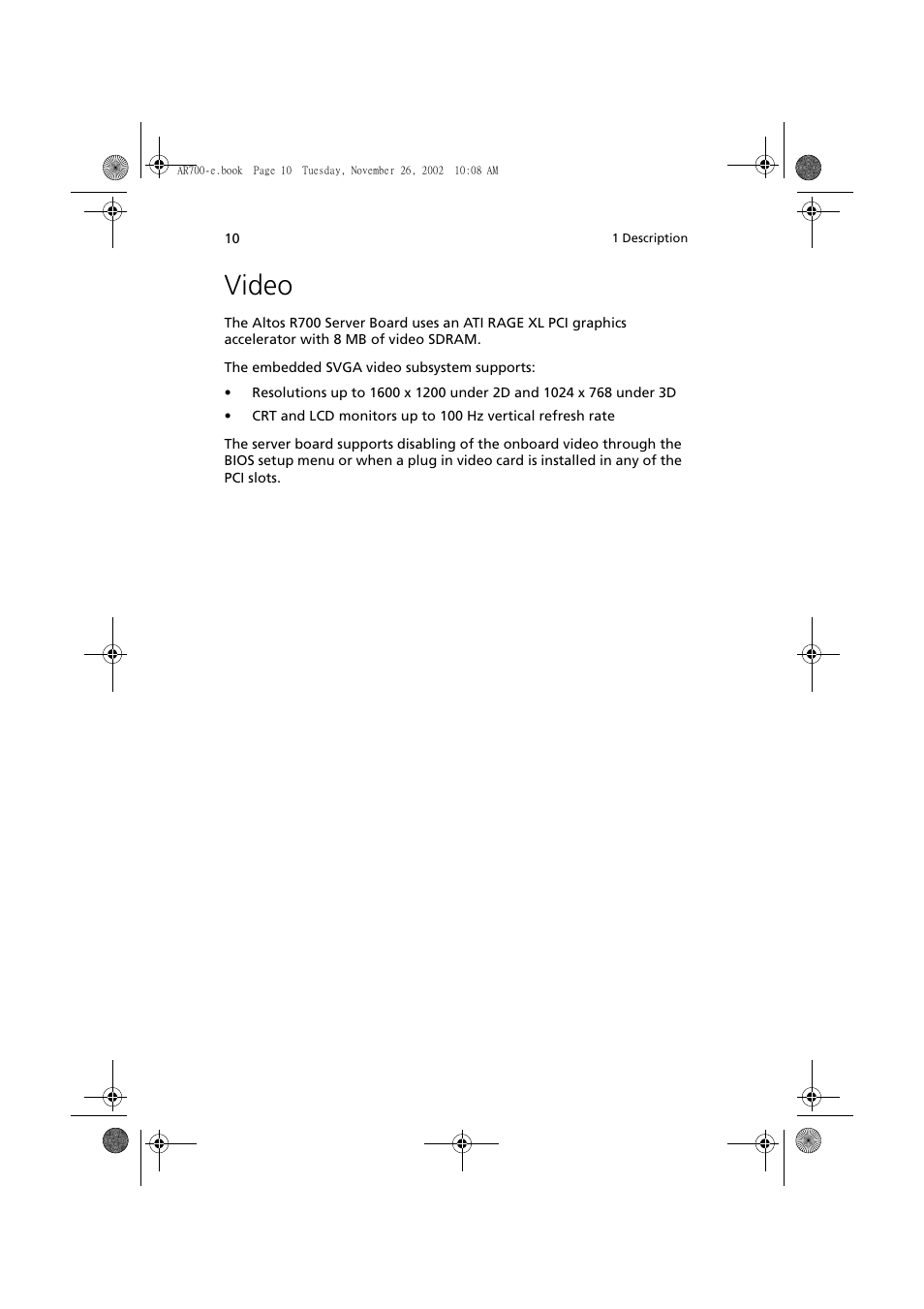 Video | Acer Altos R700 Series User Manual | Page 20 / 135