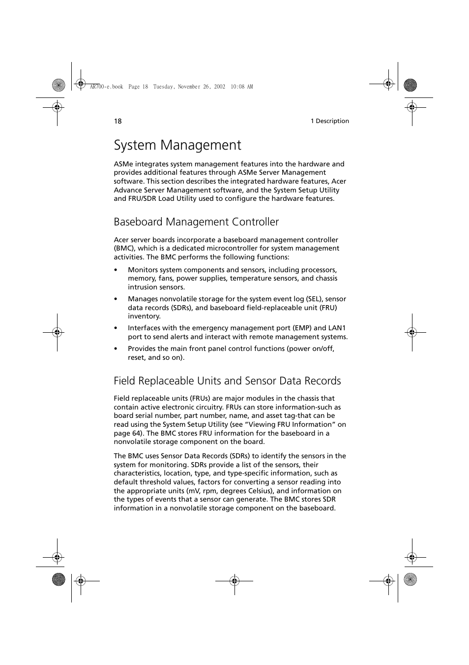 System management, Baseboard management controller, Field replaceable units and sensor data records | Acer Altos R700 Series User Manual | Page 28 / 135