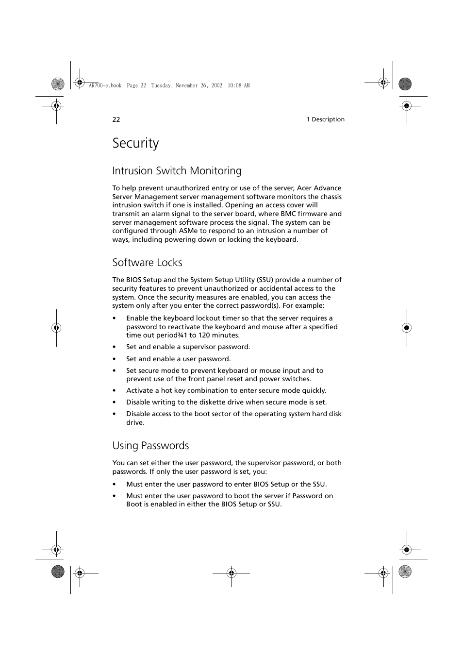 Security, Intrusion switch monitoring, Software locks | Using passwords | Acer Altos R700 Series User Manual | Page 32 / 135