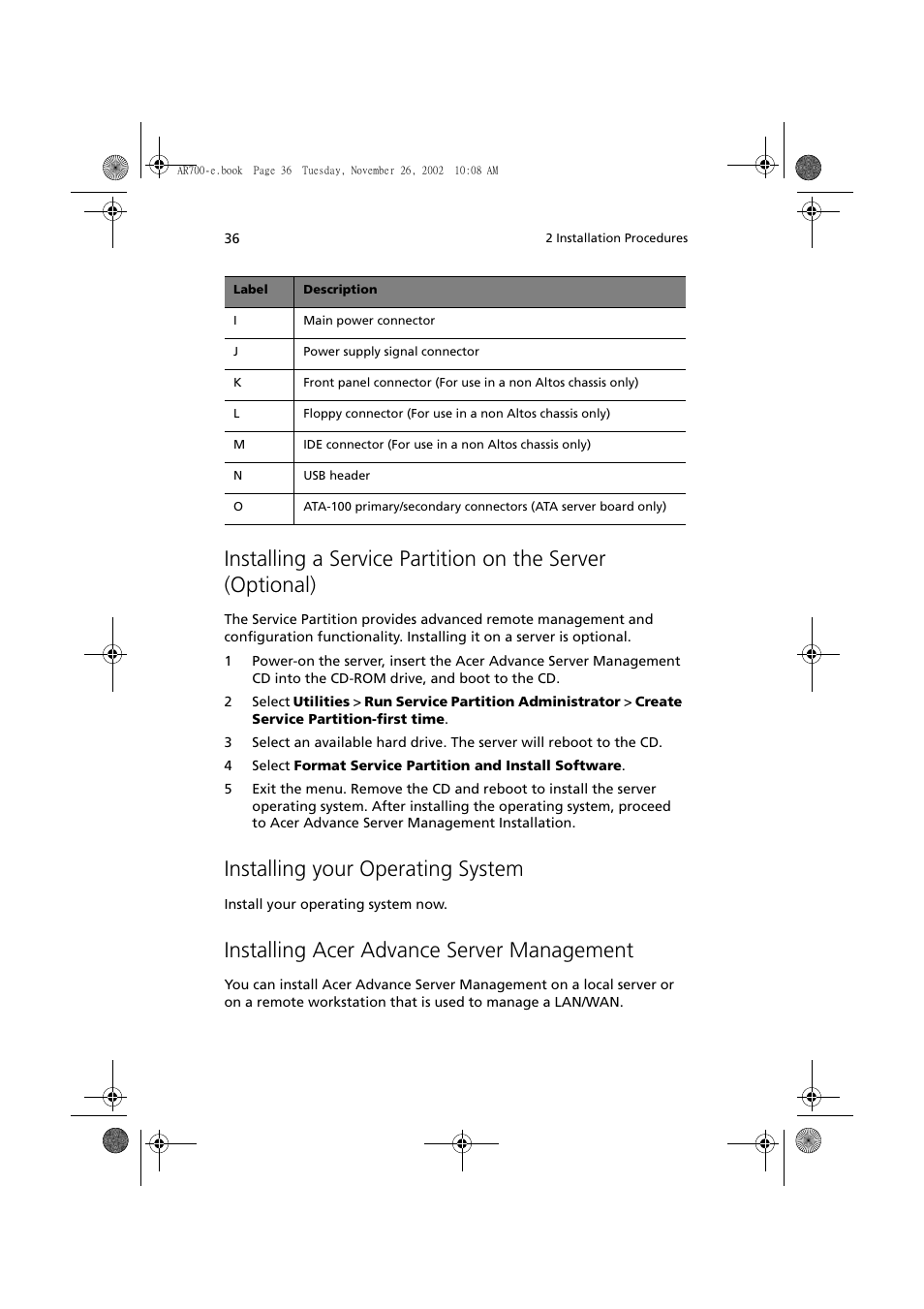 Installing your operating system, Installing acer advance server management | Acer Altos R700 Series User Manual | Page 46 / 135