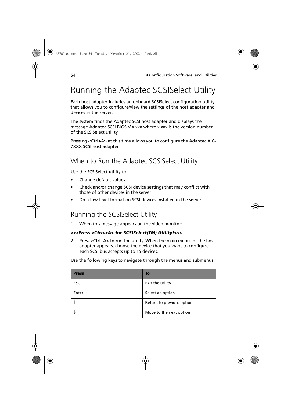 Running the adaptec scsiselect utility, When to run the adaptec scsiselect utility, Running the scsiselect utility | Acer Altos R700 Series User Manual | Page 64 / 135