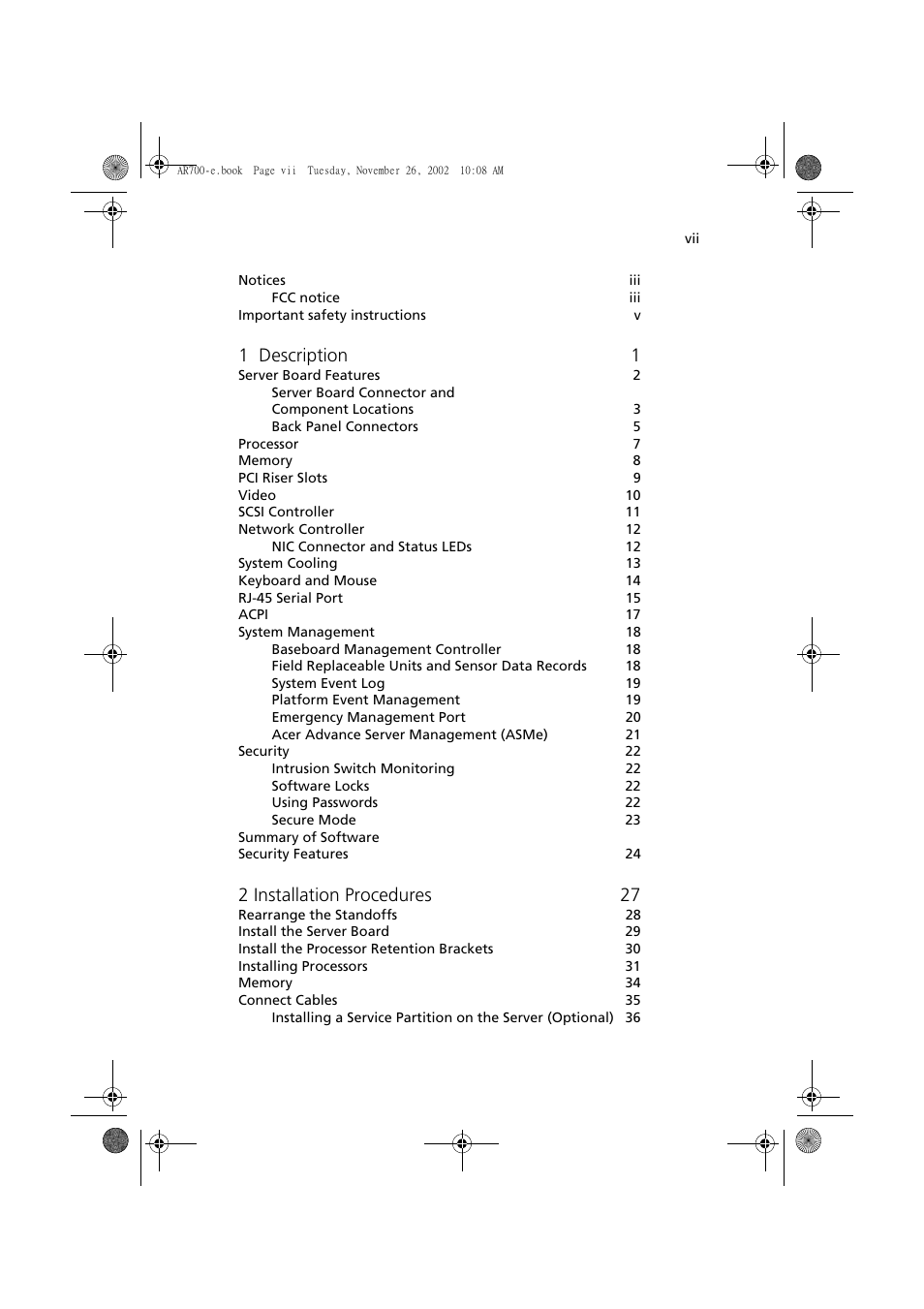 1 description 1, 2 installation procedures 27 | Acer Altos R700 Series User Manual | Page 7 / 135