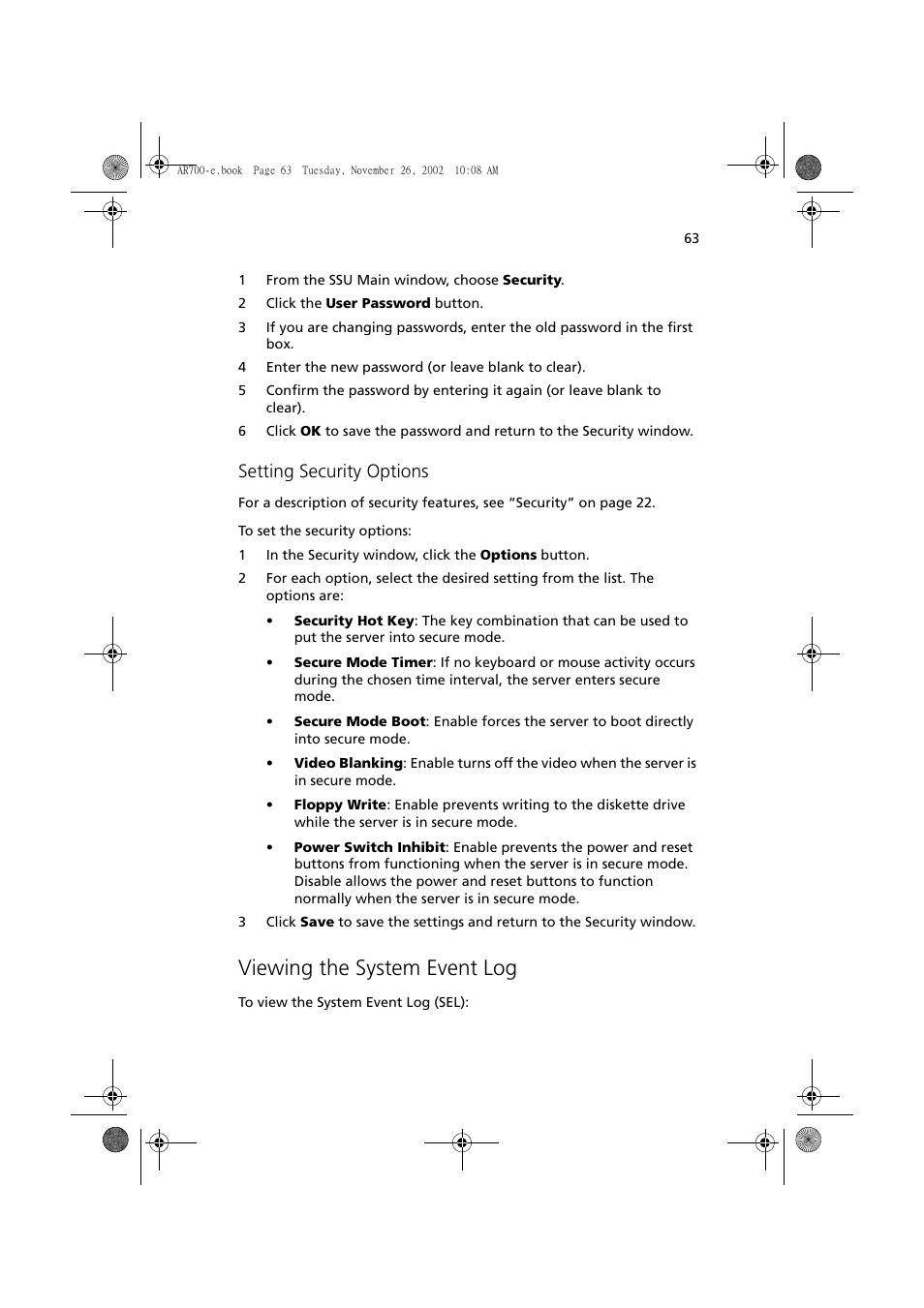 Viewing the system event log, Setting security options | Acer Altos R700 Series User Manual | Page 73 / 135