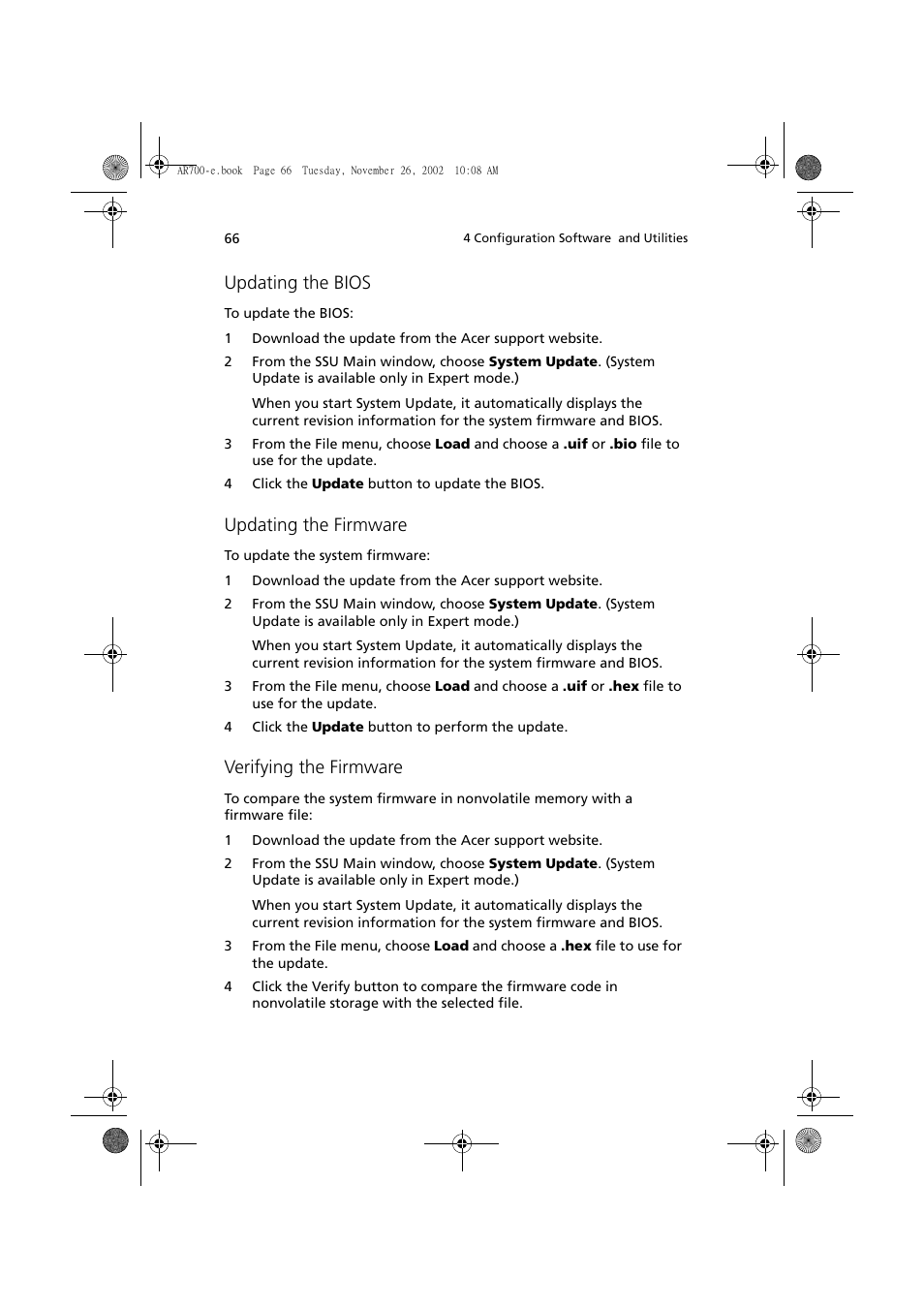 Updating the bios, Updating the firmware, Verifying the firmware | Acer Altos R700 Series User Manual | Page 76 / 135