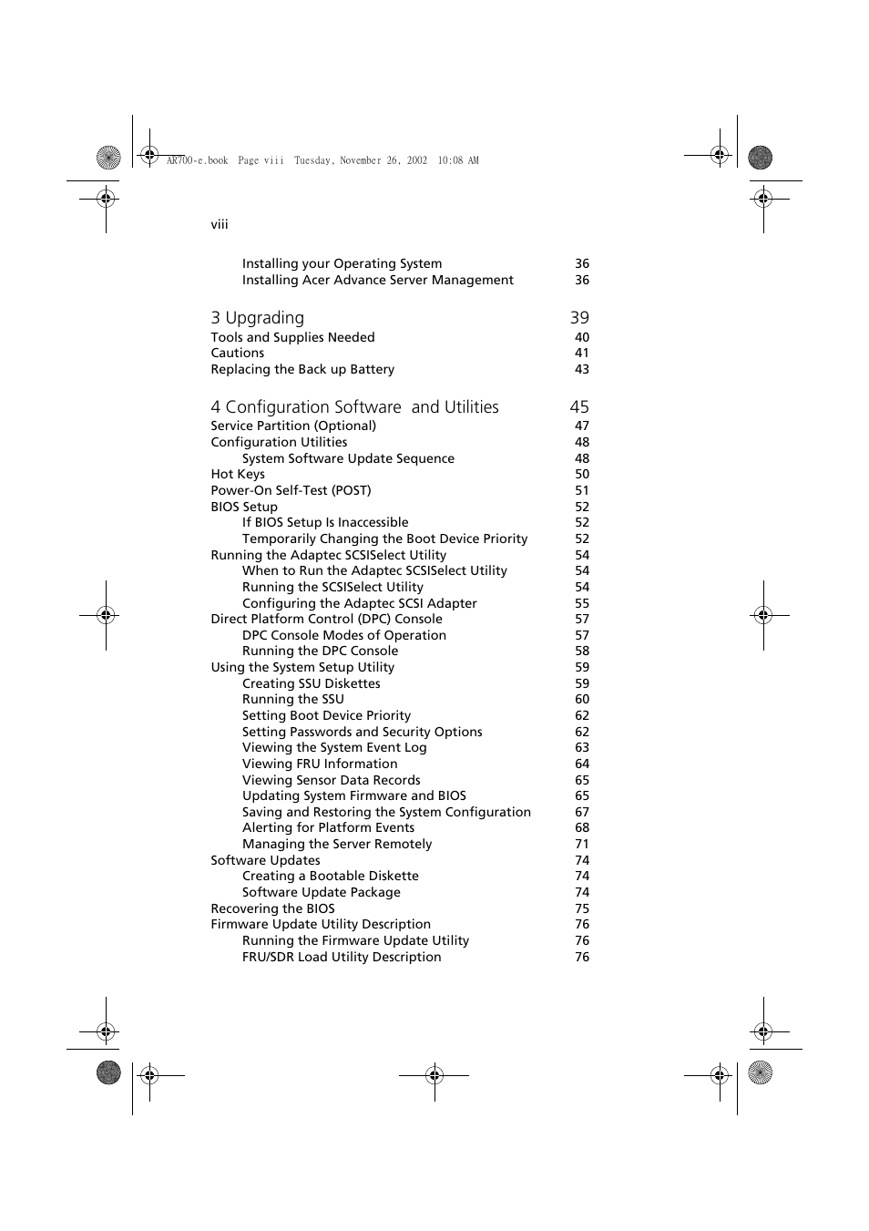 3 upgrading 39, 4 configuration software and utilities 45 | Acer Altos R700 Series User Manual | Page 8 / 135