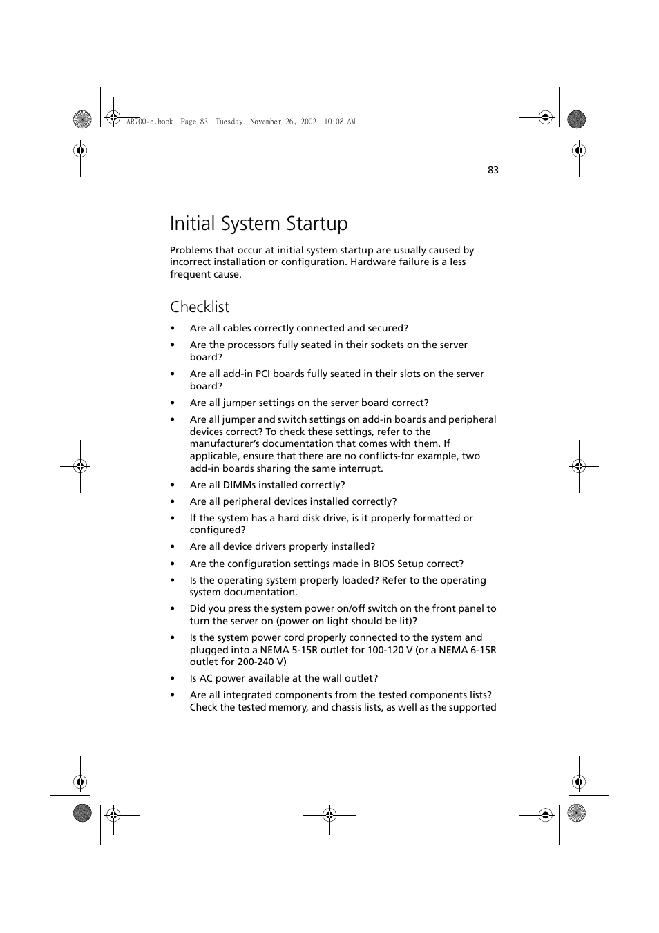 Initial system startup, Checklist | Acer Altos R700 Series User Manual | Page 93 / 135