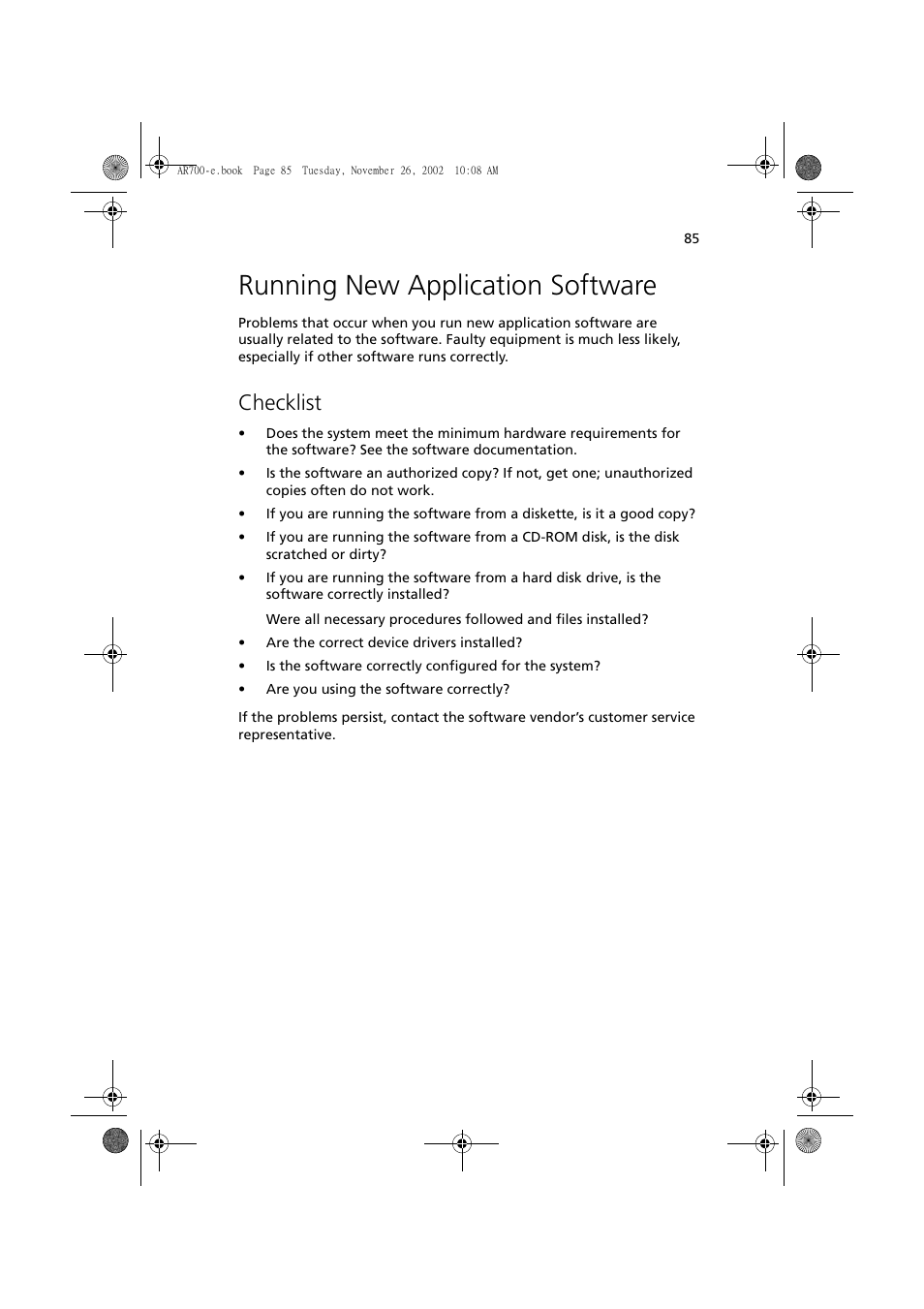 Running new application software, Checklist | Acer Altos R700 Series User Manual | Page 95 / 135