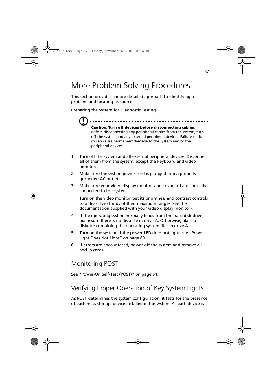 More problem solving procedures, Monitoring post, Verifying proper operation of key system lights | Acer Altos R700 Series User Manual | Page 97 / 135