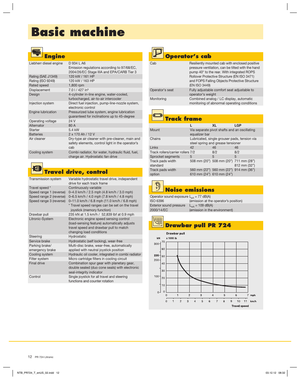 Basic machine, Engine, Travel drive, control | Track frame, Operator’s cab, Drawbar pull pr 724 noise emissions | Liebherr PR 724 Litronic User Manual | Page 12 / 18