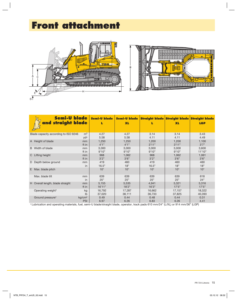 Front attachment, Semi-u blade, And straight blade | Liebherr PR 724 Litronic User Manual | Page 15 / 18