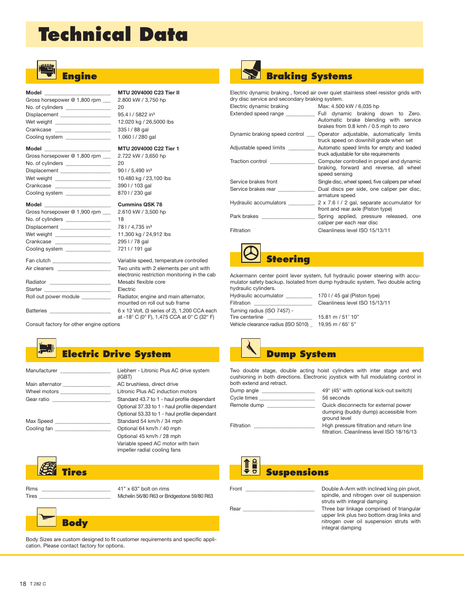 Technical data, Engine, Electric drive system | Tires, Suspensions, Braking systems, Steering, Dump system, Body | Liebherr T 282 C User Manual | Page 18 / 22