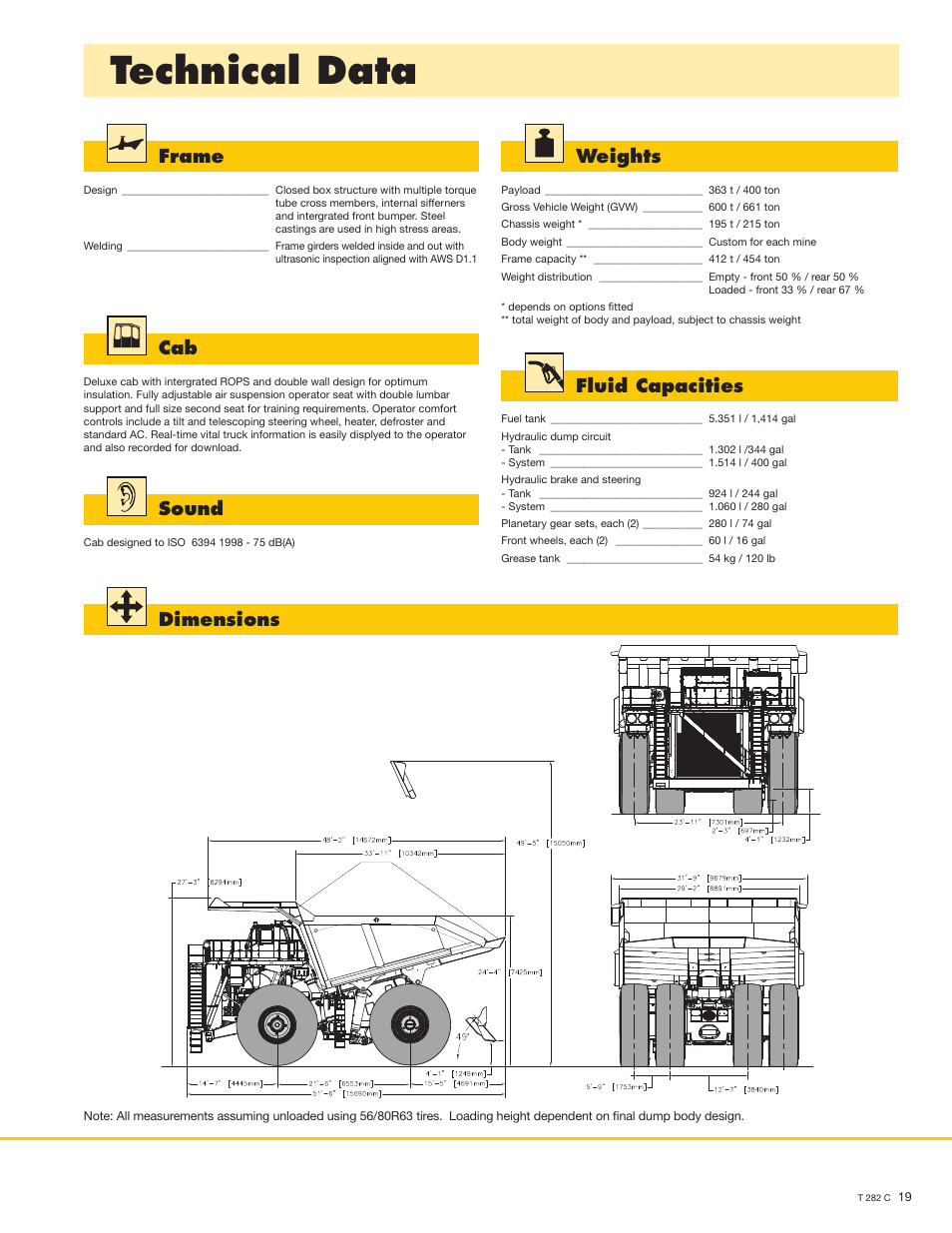 Technical data, Frame, Weights | Sound, Fluid capacities, Dimensions | Liebherr T 282 C User Manual | Page 19 / 22
