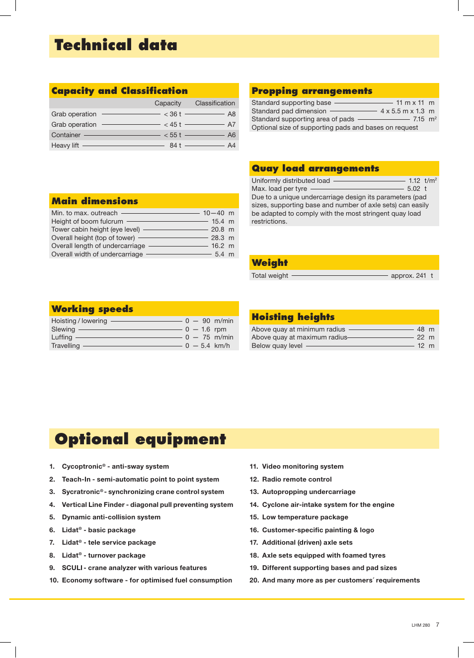 Technical data, Optional equipment, Propping arrangements | Quay load arrangements, Capacity and classification, Main dimensions, Working speeds, Hoisting heights, Weight | Liebherr LHM 280 User Manual | Page 7 / 8