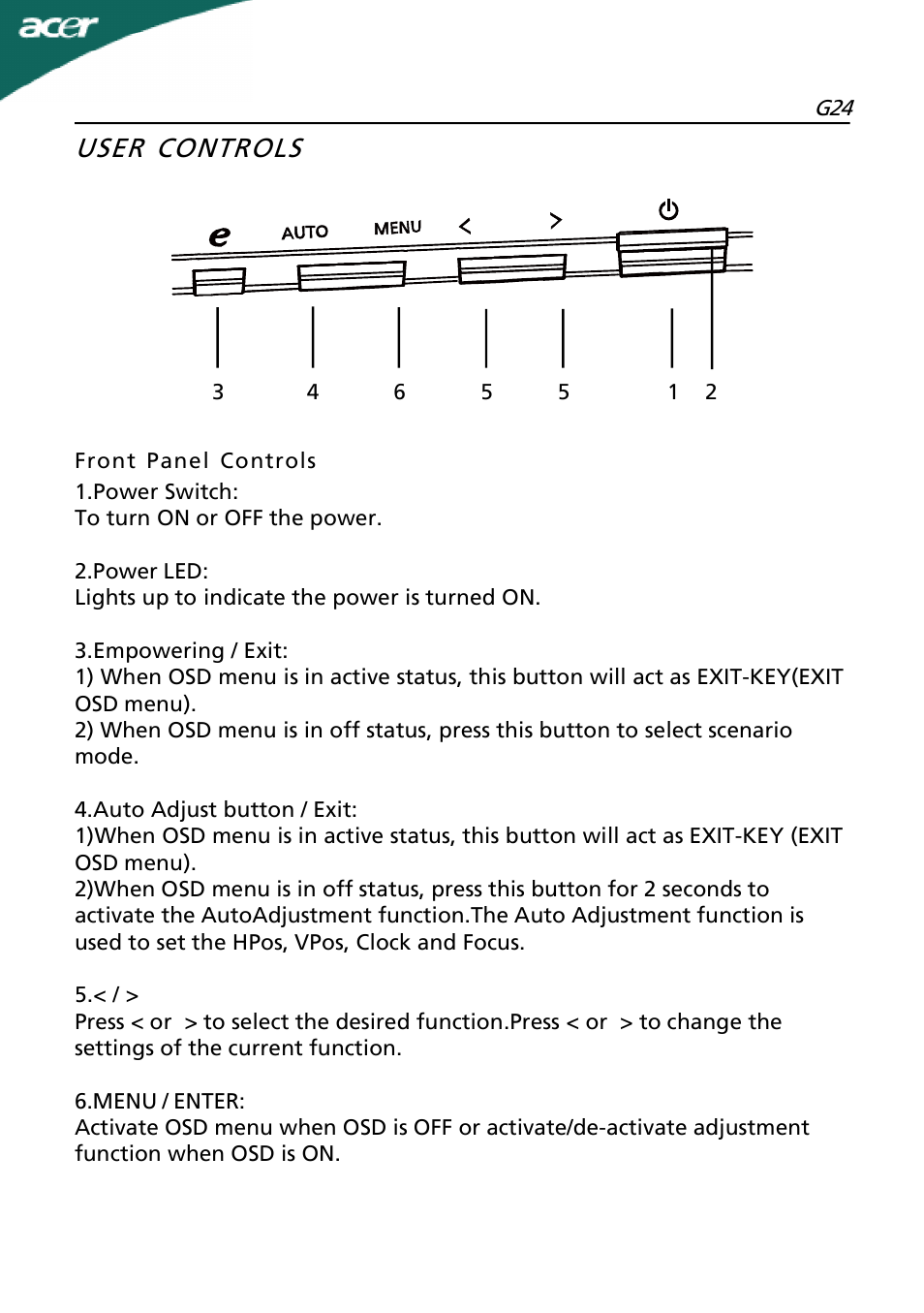 User controls | Acer G24 User Manual | Page 15 / 25