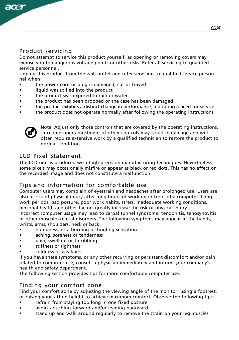 En-3, Product servicing, Lcd pixel statement | Tips and information for comfortable use, Finding your comfort zone | Acer G24 User Manual | Page 4 / 25