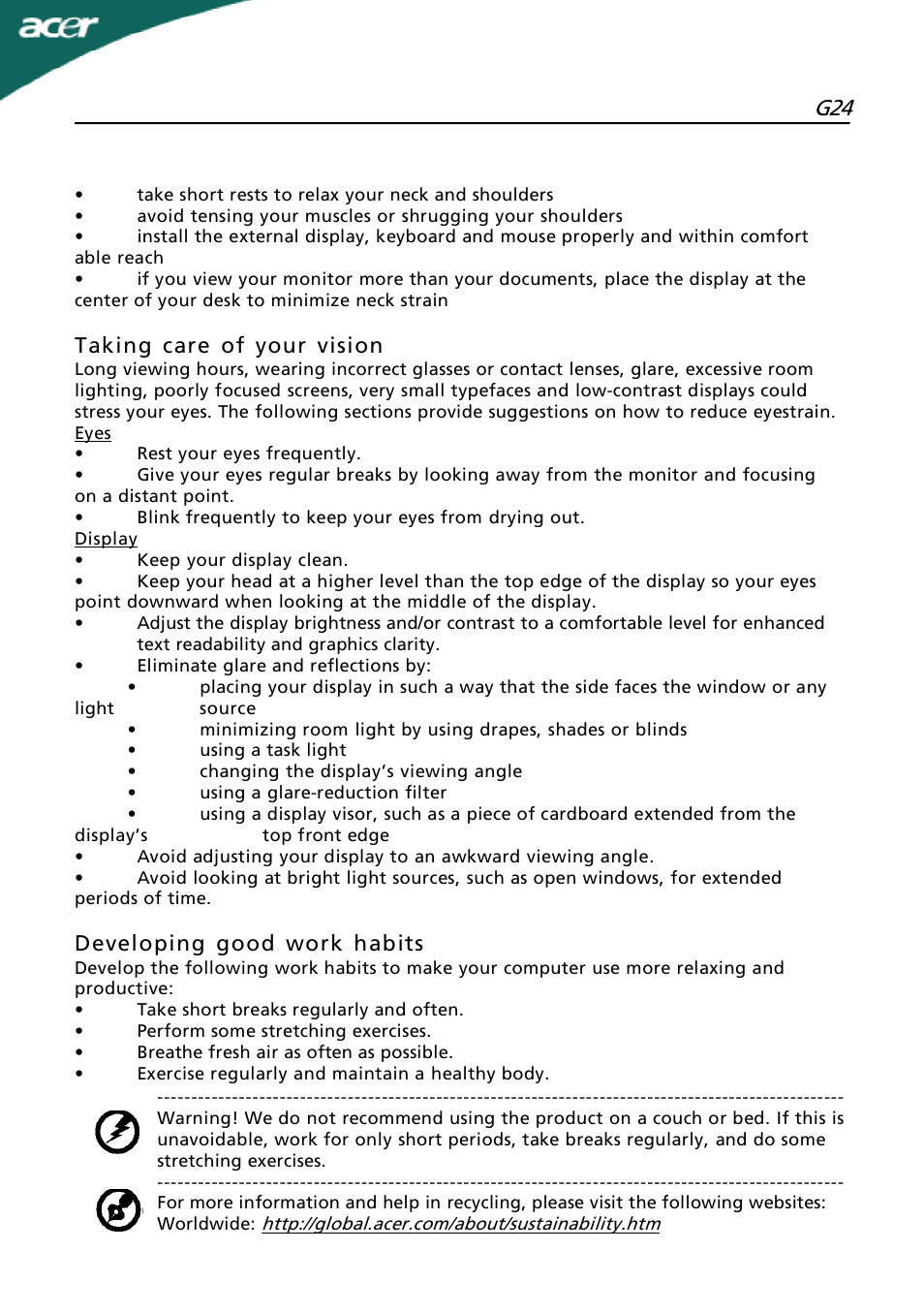 En-4, Taking care of your vision, Developing good work habits | Acer G24 User Manual | Page 5 / 25