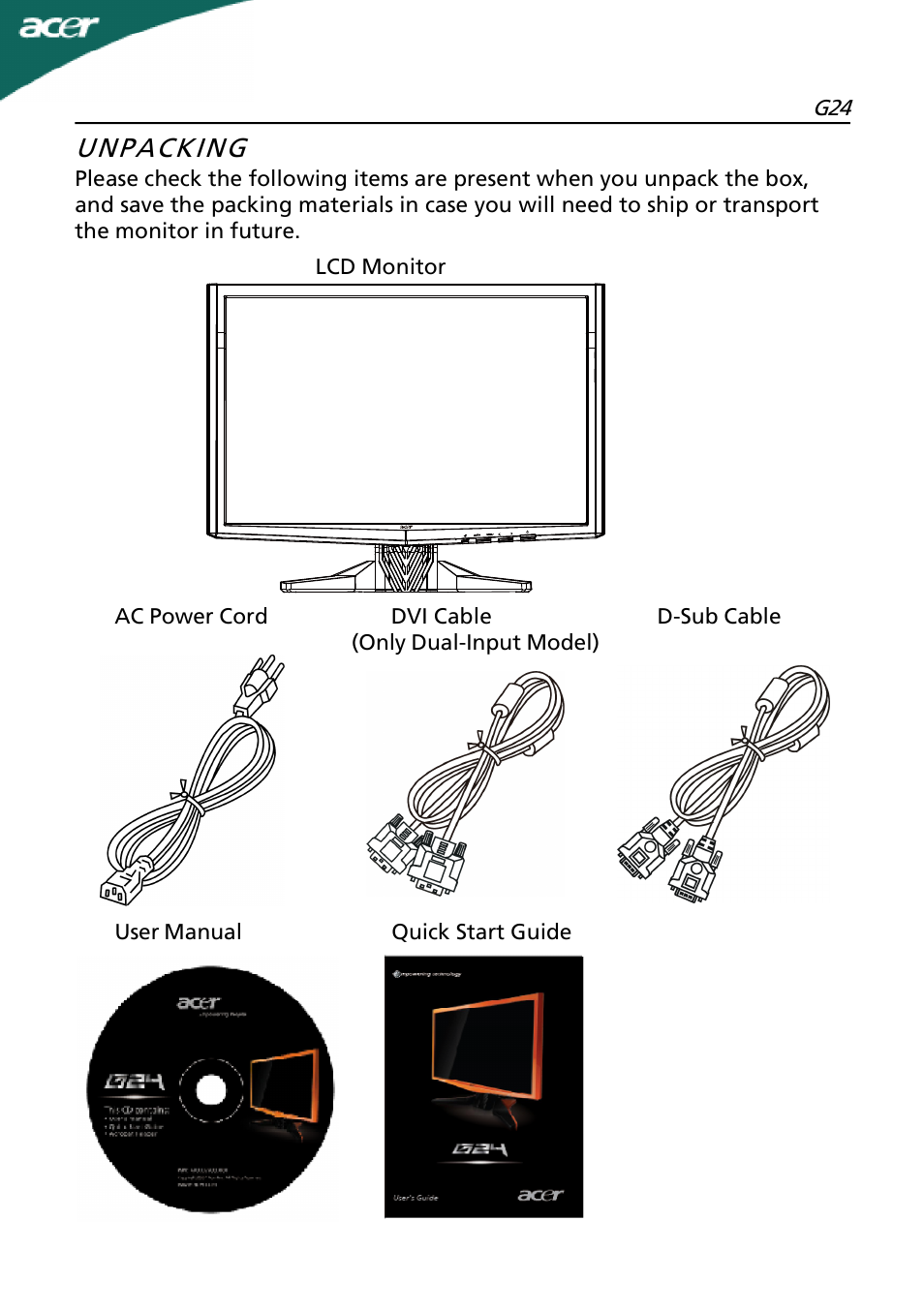 Unpacking | Acer G24 User Manual | Page 6 / 25