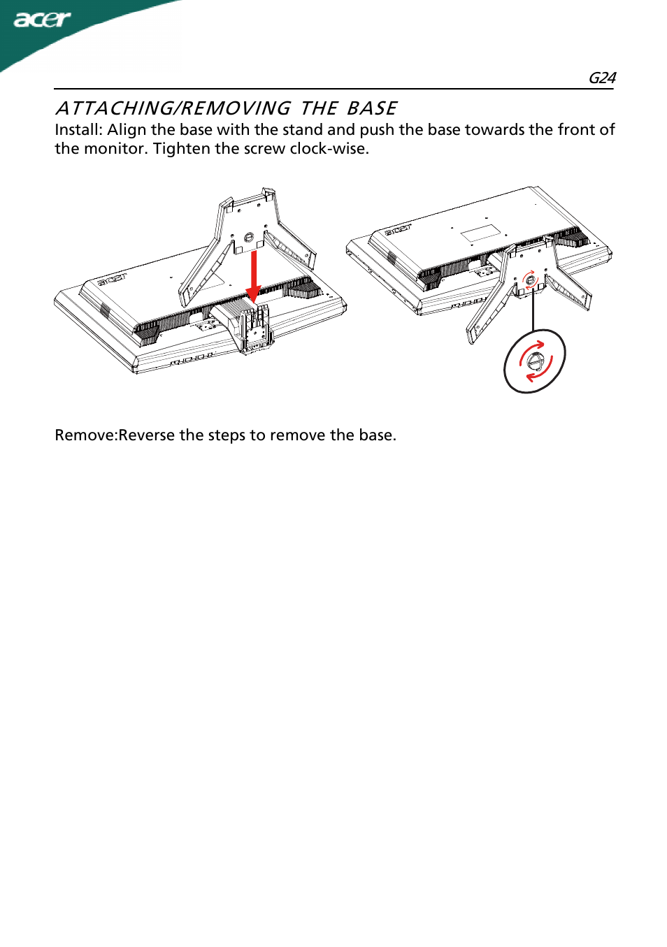 Attaching/removing the base | Acer G24 User Manual | Page 7 / 25