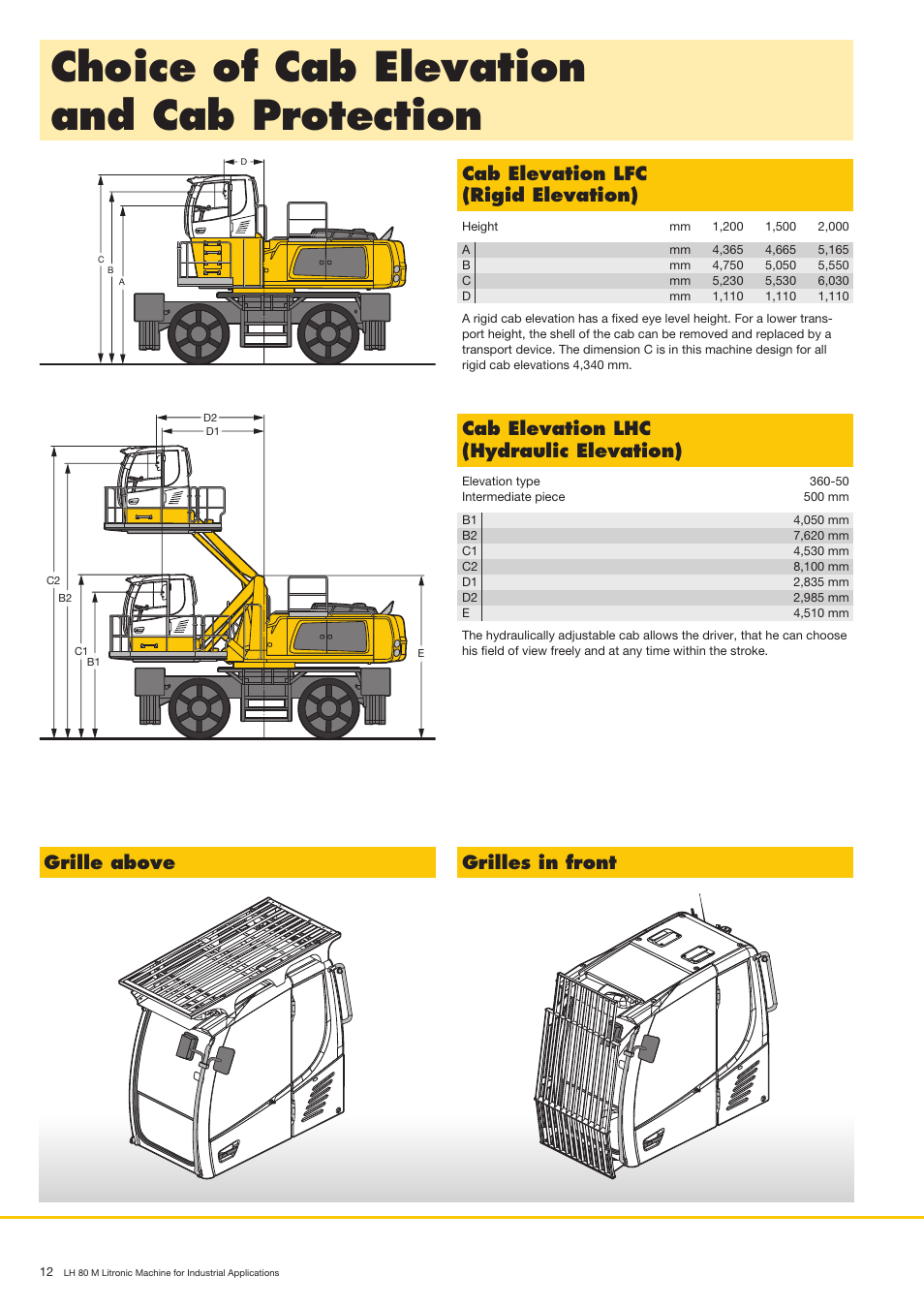 Choiceofcabelevation andcabprotection, Cabelevationlhc (hydraulicelevation), Cabelevationlfc (rigidelevation) | Grilleabove grillesinfront | Liebherr LH 80 M Litronic User Manual | Page 12 / 16