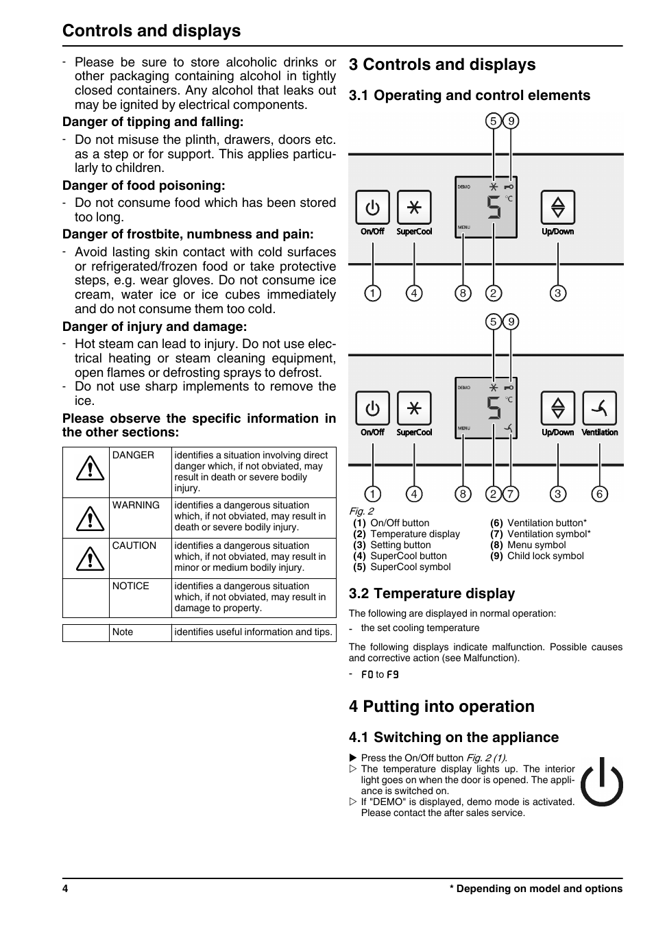 3controls and displays, 1operating and control elements, 2temperature display | 4putting into operation, 1switching on the appliance, 3 controls and displays, 4 putting into operation, Controls and displays, 1 operating and control elements, 2 temperature display | Liebherr IK 2310 Comfort User Manual | Page 4 / 10