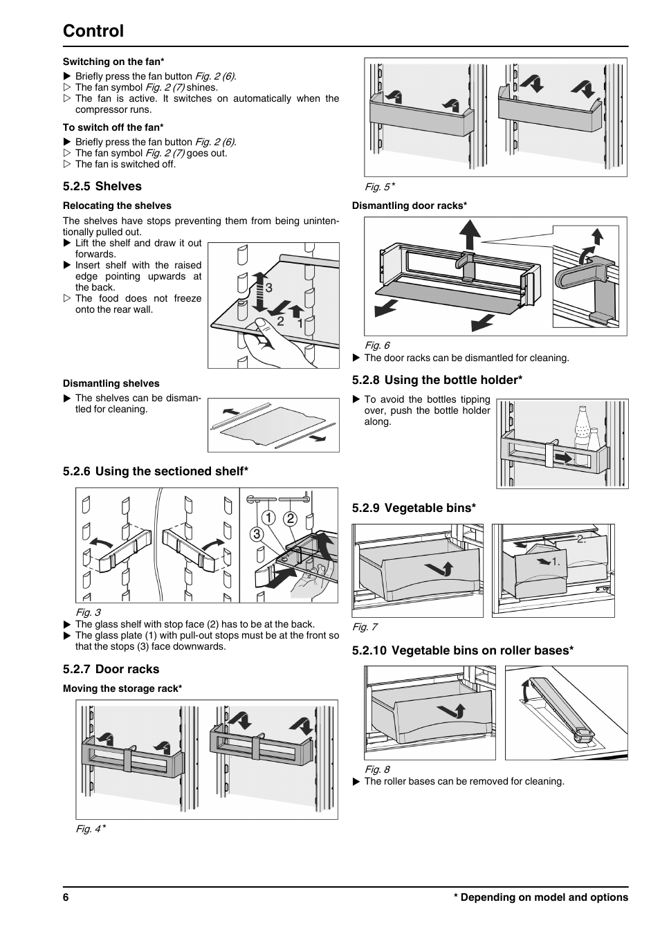 5shelves, 6using the sectioned shelf, 7door racks | 8using the bottle holder, 9vegetable bins, 10vegetable bins on roller bases, Control | Liebherr IK 2310 Comfort User Manual | Page 6 / 10