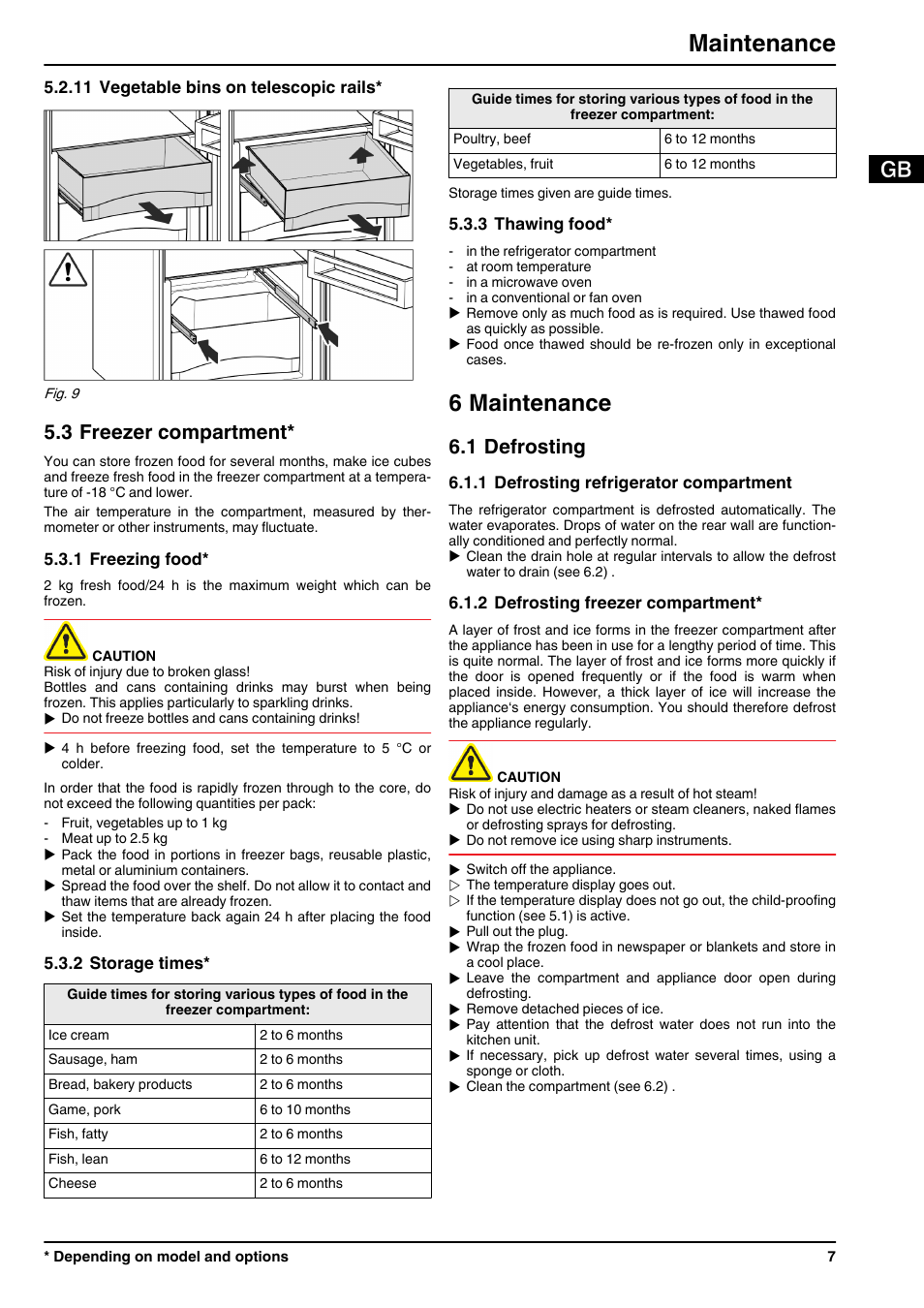 11vegetable bins on telescopic rails, 3freezer compartment, 1freezing food | 2storage times, 3thawing food, 6maintenance, 1defrosting, 1defrosting refrigerator compartment, 2defrosting freezer compartment, 6 maintenance | Liebherr IK 2310 Comfort User Manual | Page 7 / 10