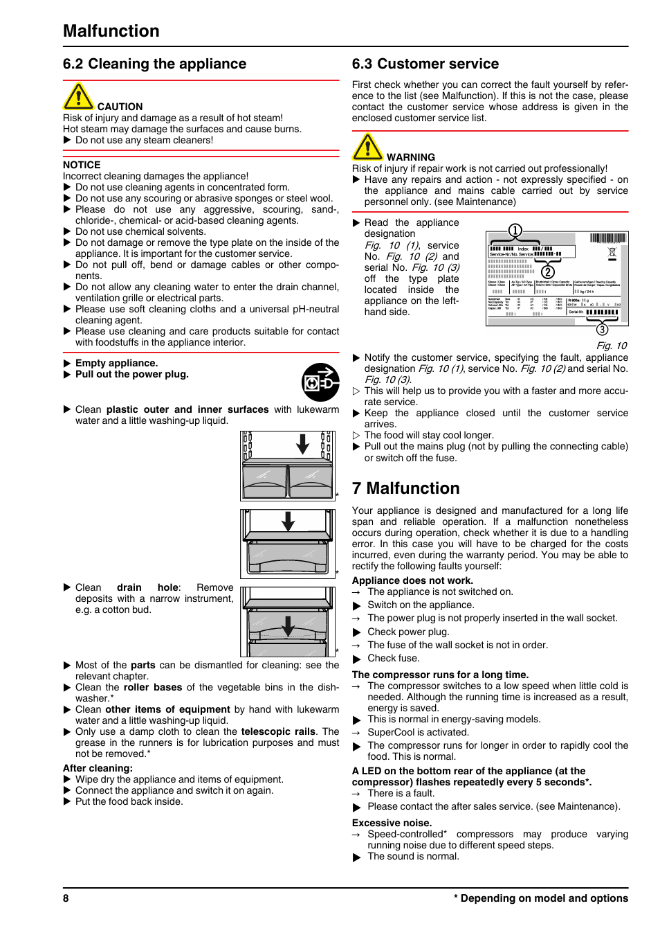 2cleaning the appliance, 3customer service, 7malfunction | 7 malfunction, Malfunction, 2 cleaning the appliance, 3 customer service | Liebherr IK 2310 Comfort User Manual | Page 8 / 10