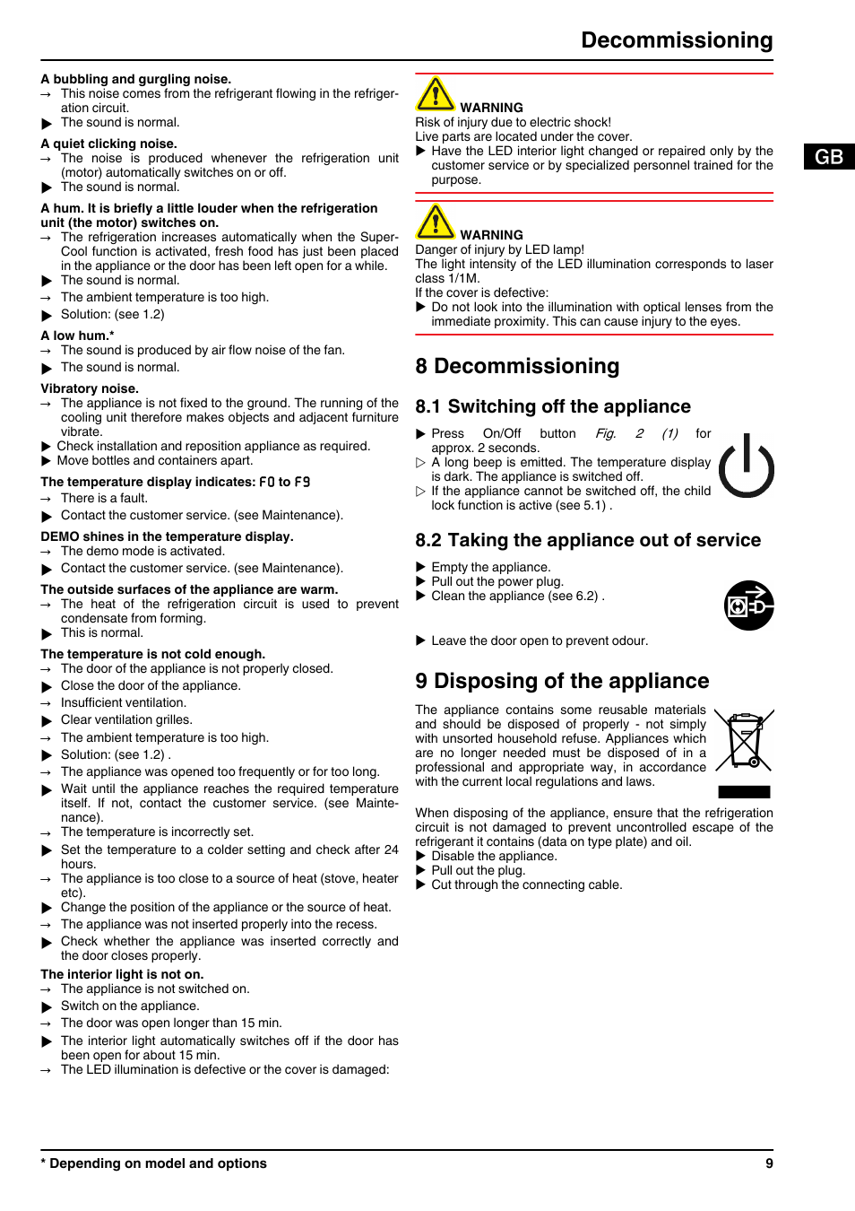 8decommissioning, 1switching off the appliance, 2taking the appliance out of service | 9disposing of the appliance, 8 decommissioning, 9 disposing of the appliance, Decommissioning, 1 switching off the appliance, 2 taking the appliance out of service | Liebherr IK 2310 Comfort User Manual | Page 9 / 10