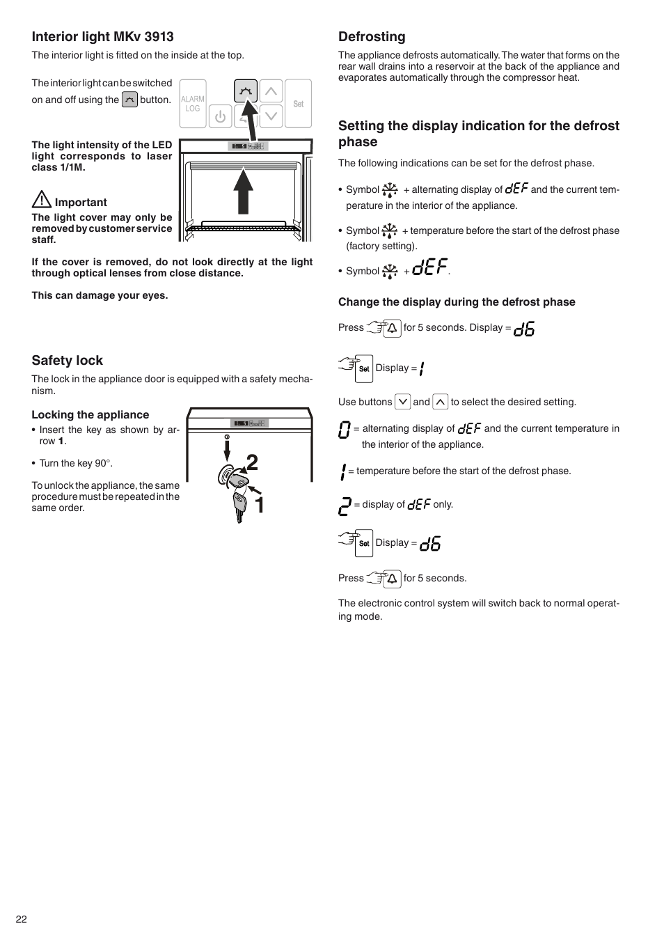 Defrosting, Safety lock, Interior light mkv 3913 | Liebherr MKv 3910 User Manual | Page 10 / 13