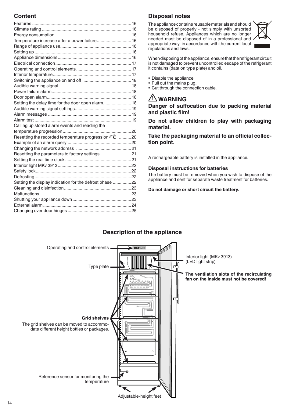 Description of the appliance, Content, Warning | Liebherr MKv 3910 User Manual | Page 2 / 13