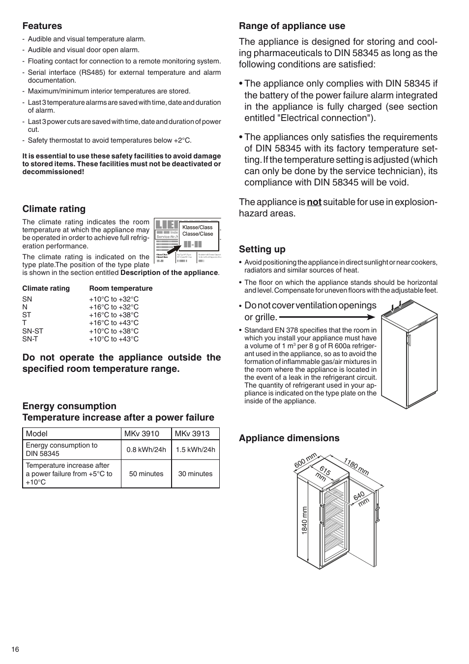 Appliance dimensions setting up, Do not cover ventilation openings or grille, Climate rating | Features | Liebherr MKv 3910 User Manual | Page 4 / 13