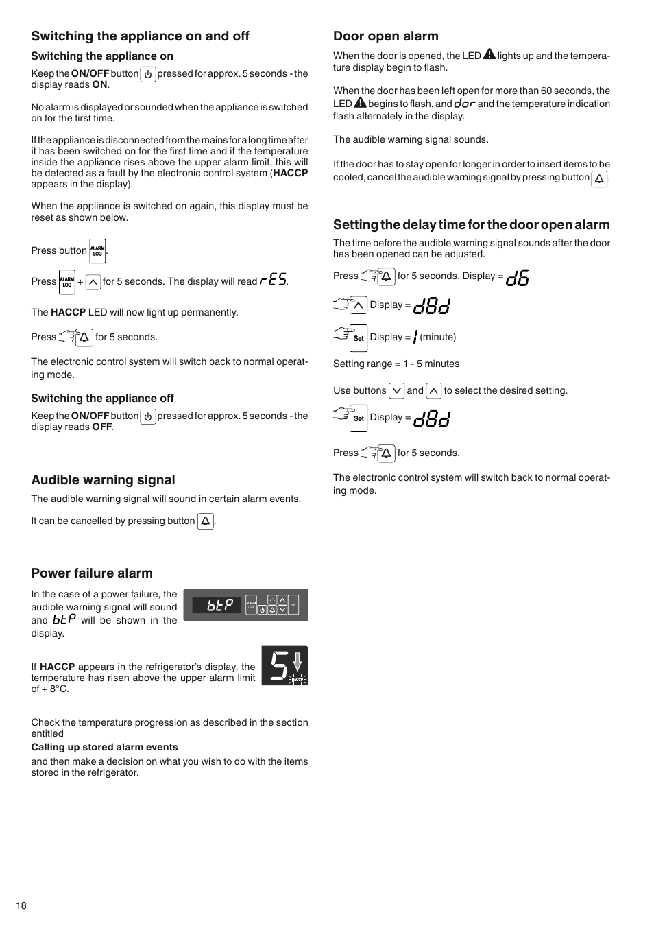 Door open alarm, Setting the delay time for the door open alarm, Audible warning signal | Switching the appliance on and off, Power failure alarm | Liebherr MKv 3910 User Manual | Page 6 / 13