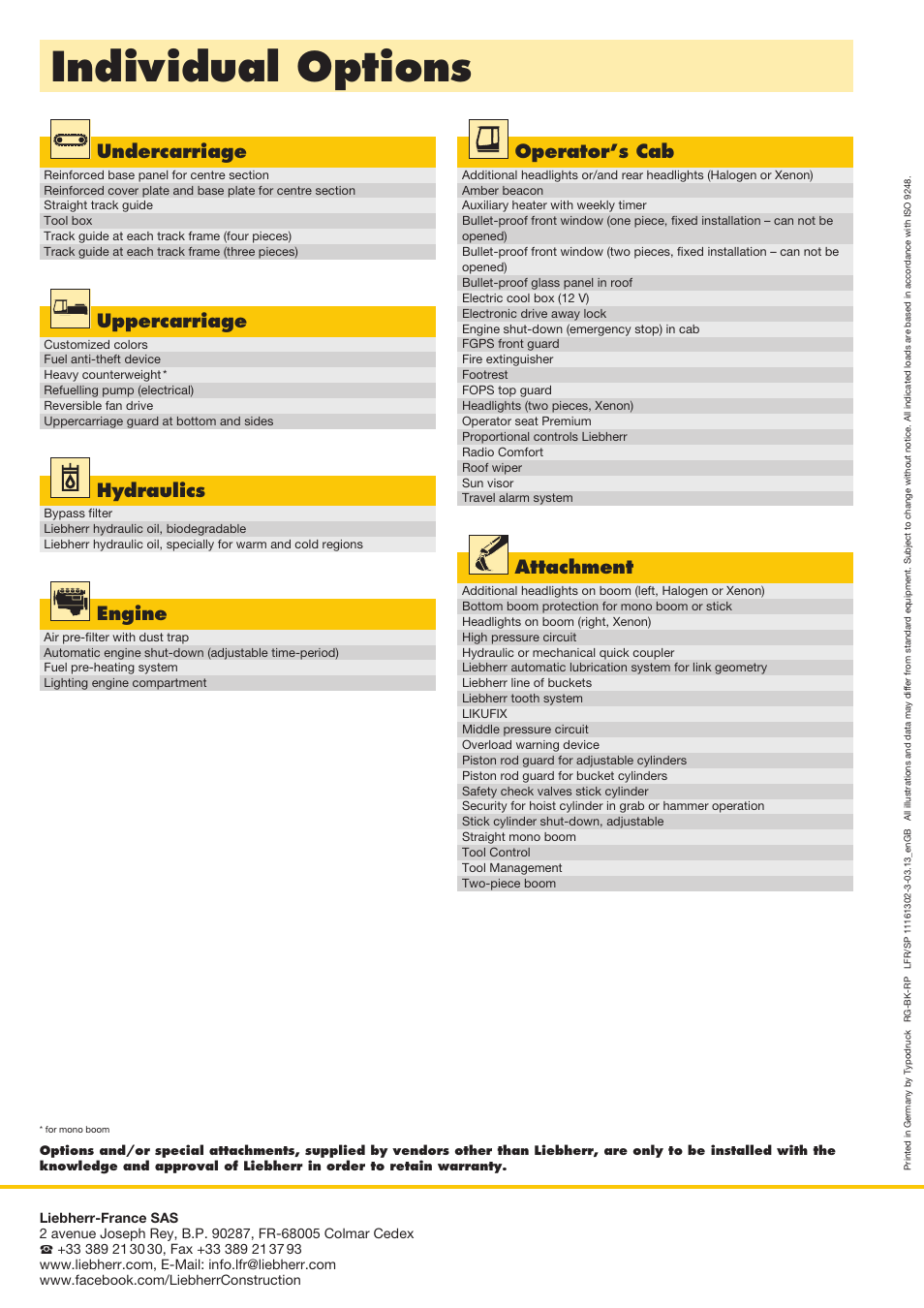 Individual options, Undercarriage, Operator’s cab | Uppercarriage, Hydraulics, Engine, Attachment | Liebherr R 936 User Manual | Page 24 / 24