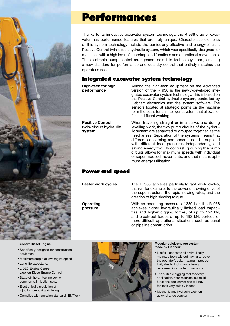 Performances, Integrated excavator system technology, Power and speed | Liebherr R 936 User Manual | Page 9 / 24
