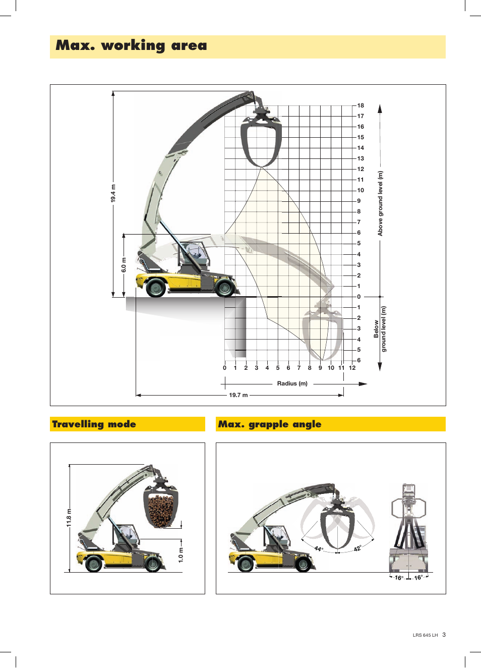 Max. working area, Travelling mode max. grapple angle | Liebherr LRS 645 LH Log Handler User Manual | Page 3 / 4
