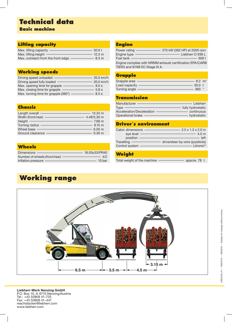 Technical data, Working range, Basic machine | Working speeds, Chassis, Wheels, Grapple, Engine, Lifting capacity, Transmission | Liebherr LRS 645 LH Log Handler User Manual | Page 4 / 4