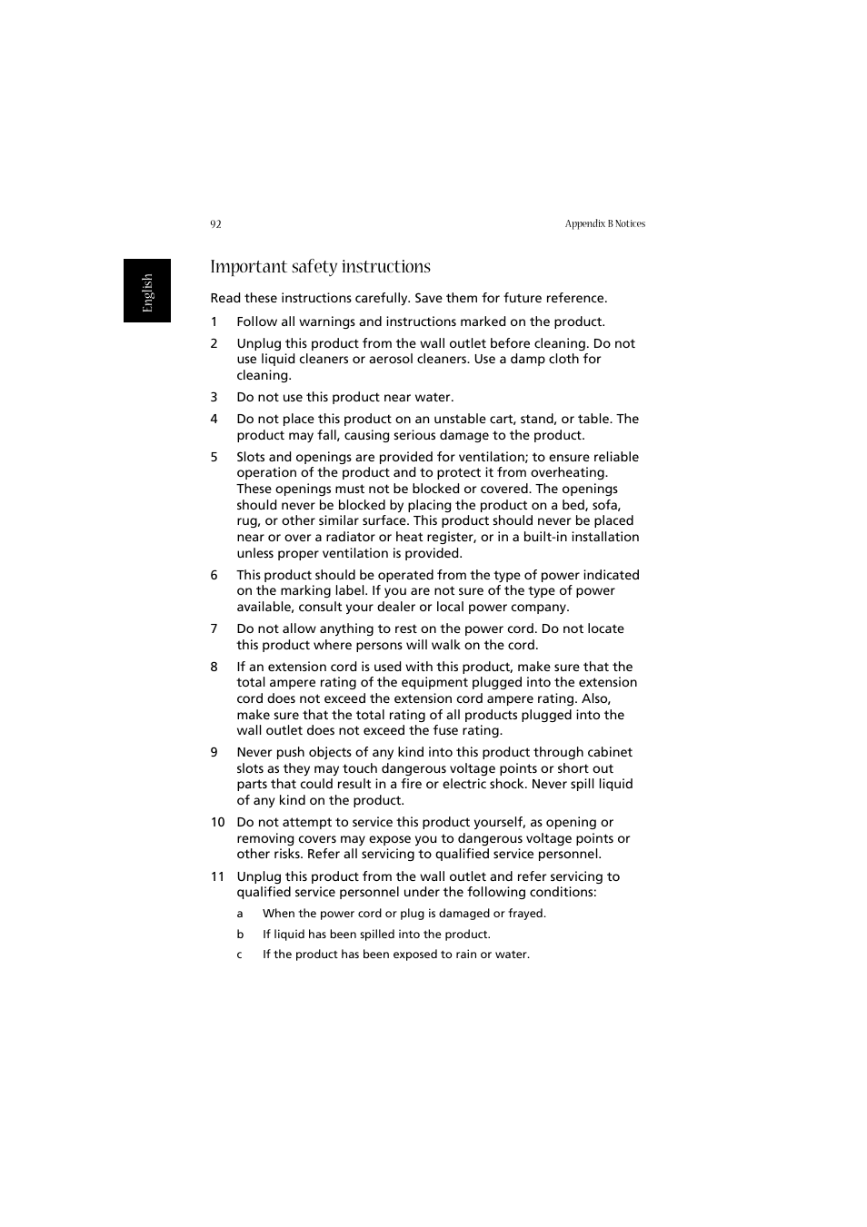 Important safety instructions | Acer 2020 Series User Manual | Page 102 / 110