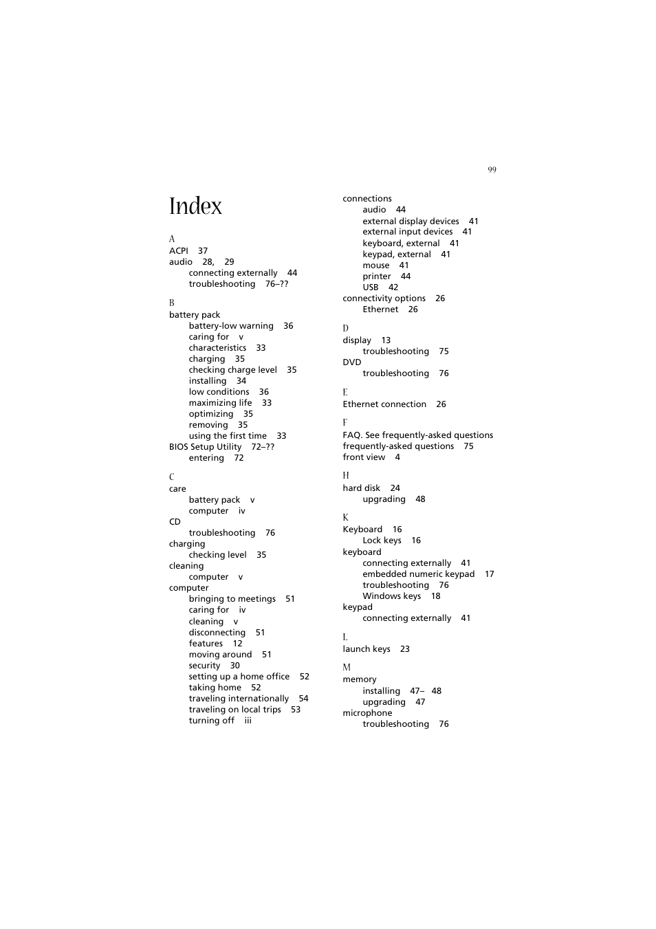 Index | Acer 2020 Series User Manual | Page 109 / 110