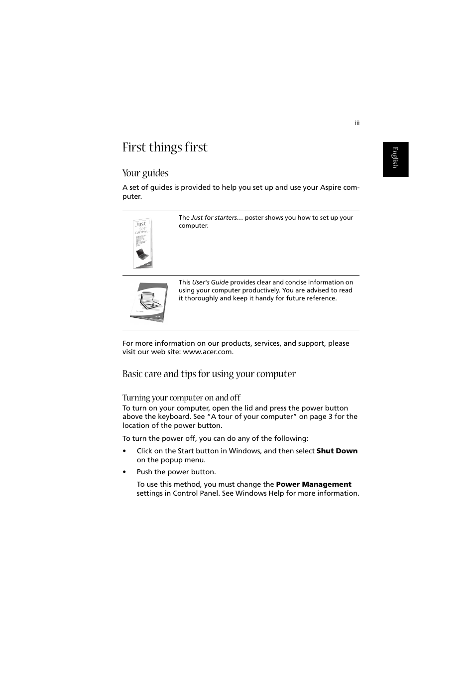 First things first, Your guides, Basic care and tips for using your computer | Acer 2020 Series User Manual | Page 3 / 110