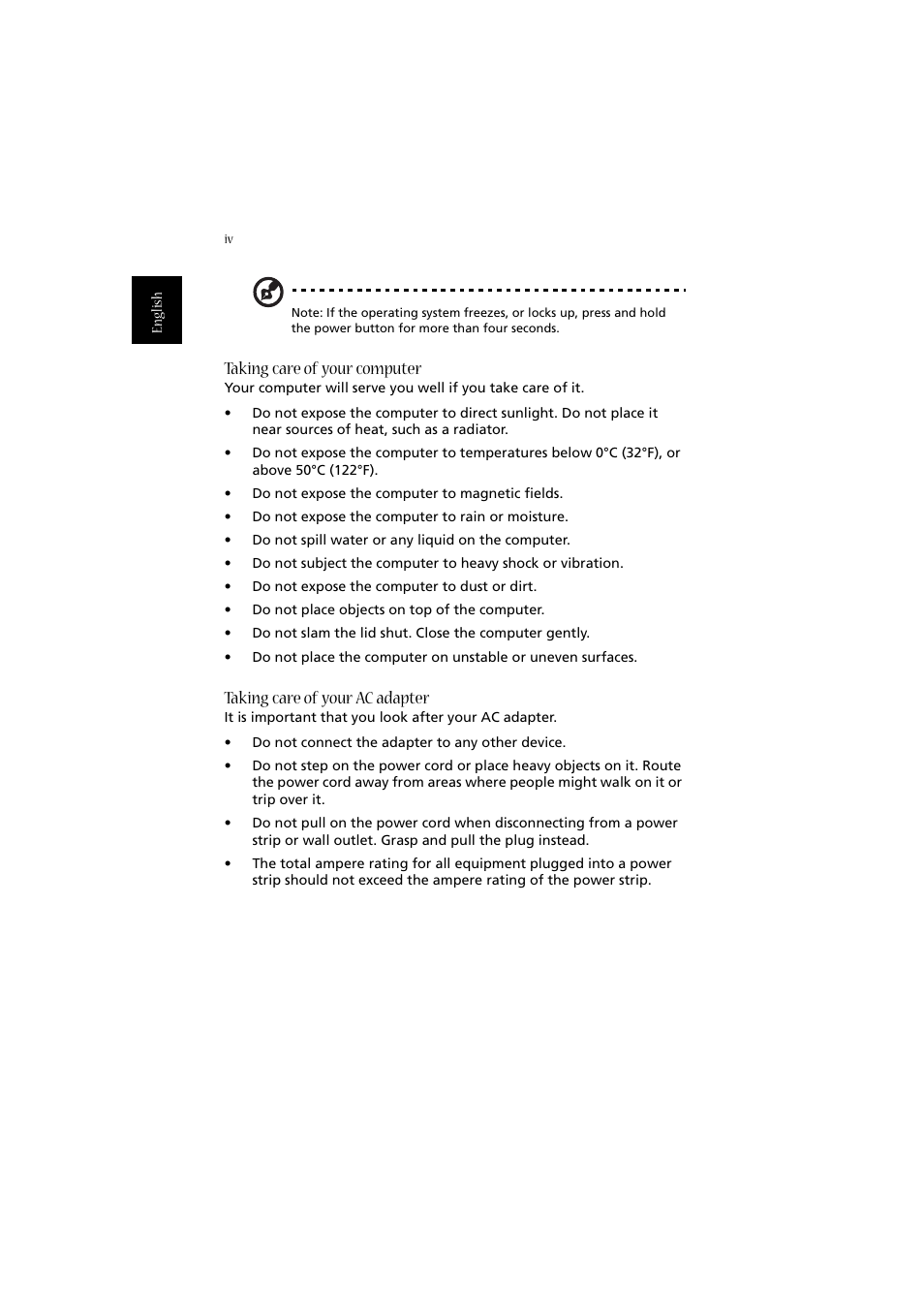 Taking care of your computer, Taking care of your ac adapter | Acer 2020 Series User Manual | Page 4 / 110
