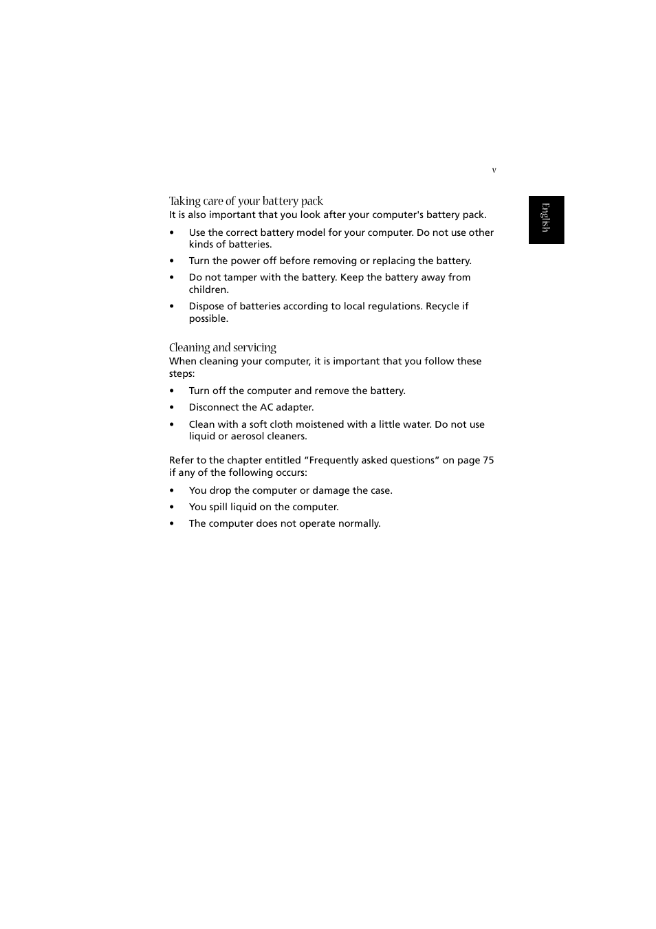 Taking care of your battery pack, Cleaning and servicing | Acer 2020 Series User Manual | Page 5 / 110