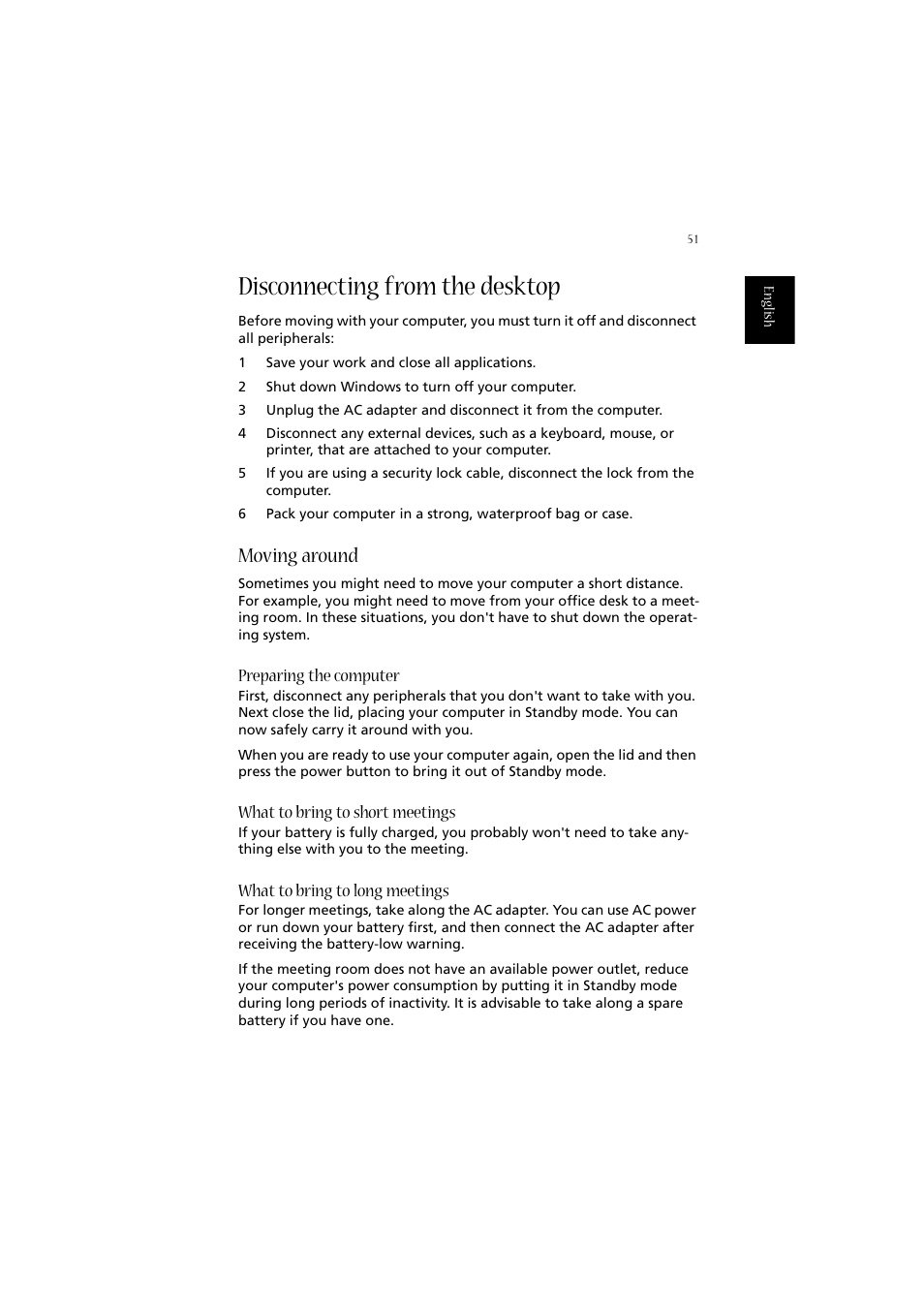 Disconnecting from the desktop, Moving around, Preparing the computer | What to bring to short meetings, What to bring to long meetings | Acer 2020 Series User Manual | Page 61 / 110