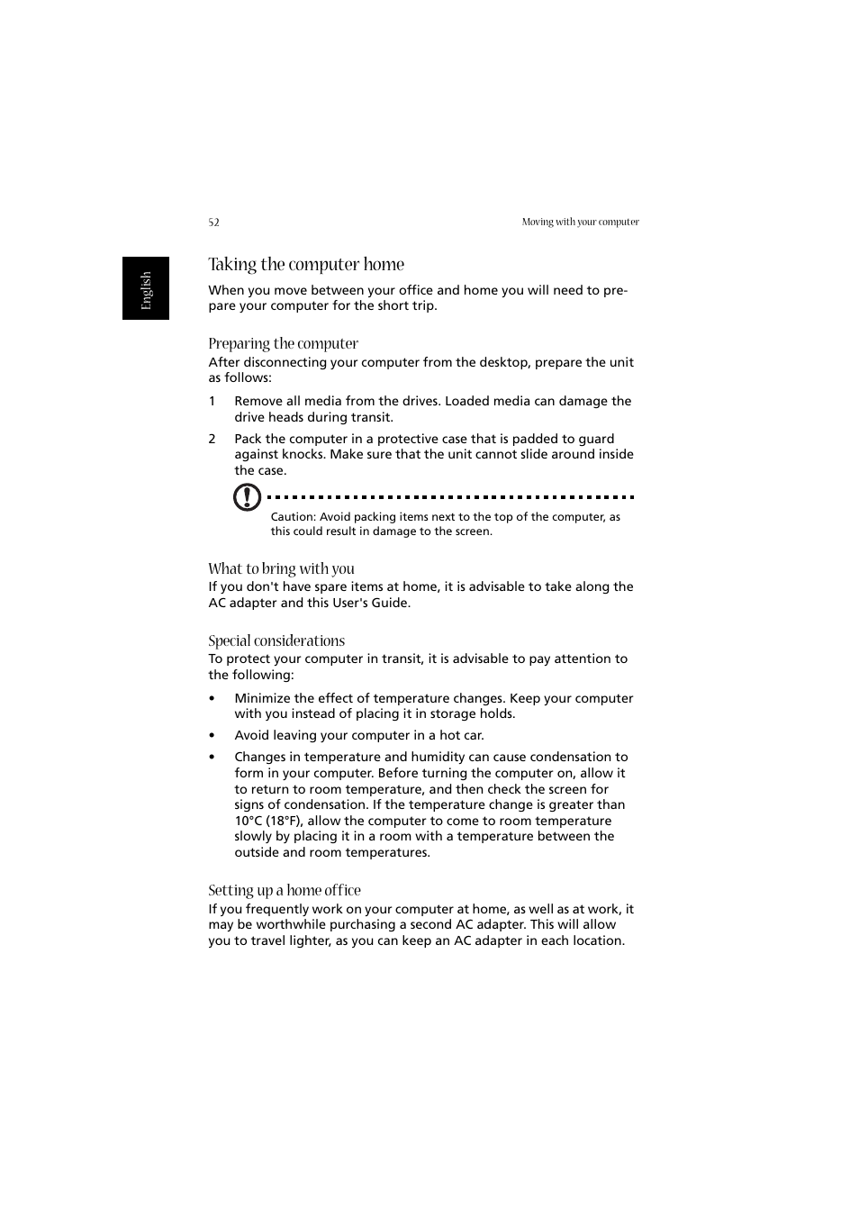 Taking the computer home, Setting up a home office, Preparing the computer | What to bring with you, Special considerations | Acer 2020 Series User Manual | Page 62 / 110